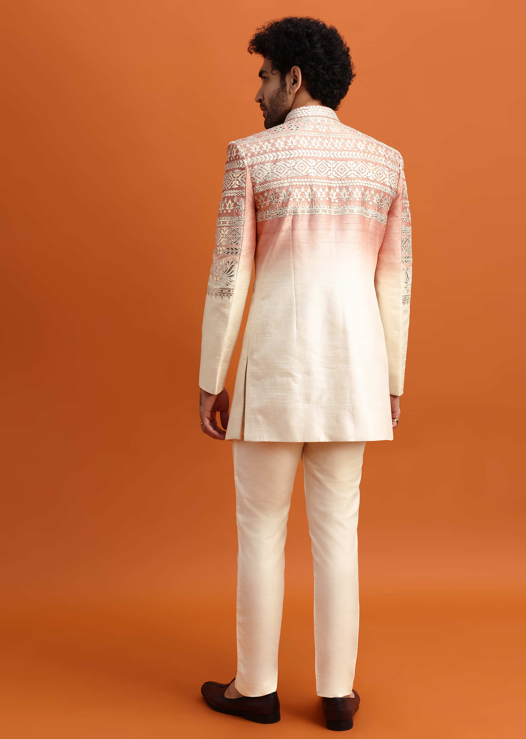 Peach Ombre Indowestern Set With Foil Work For Men - Image 5
