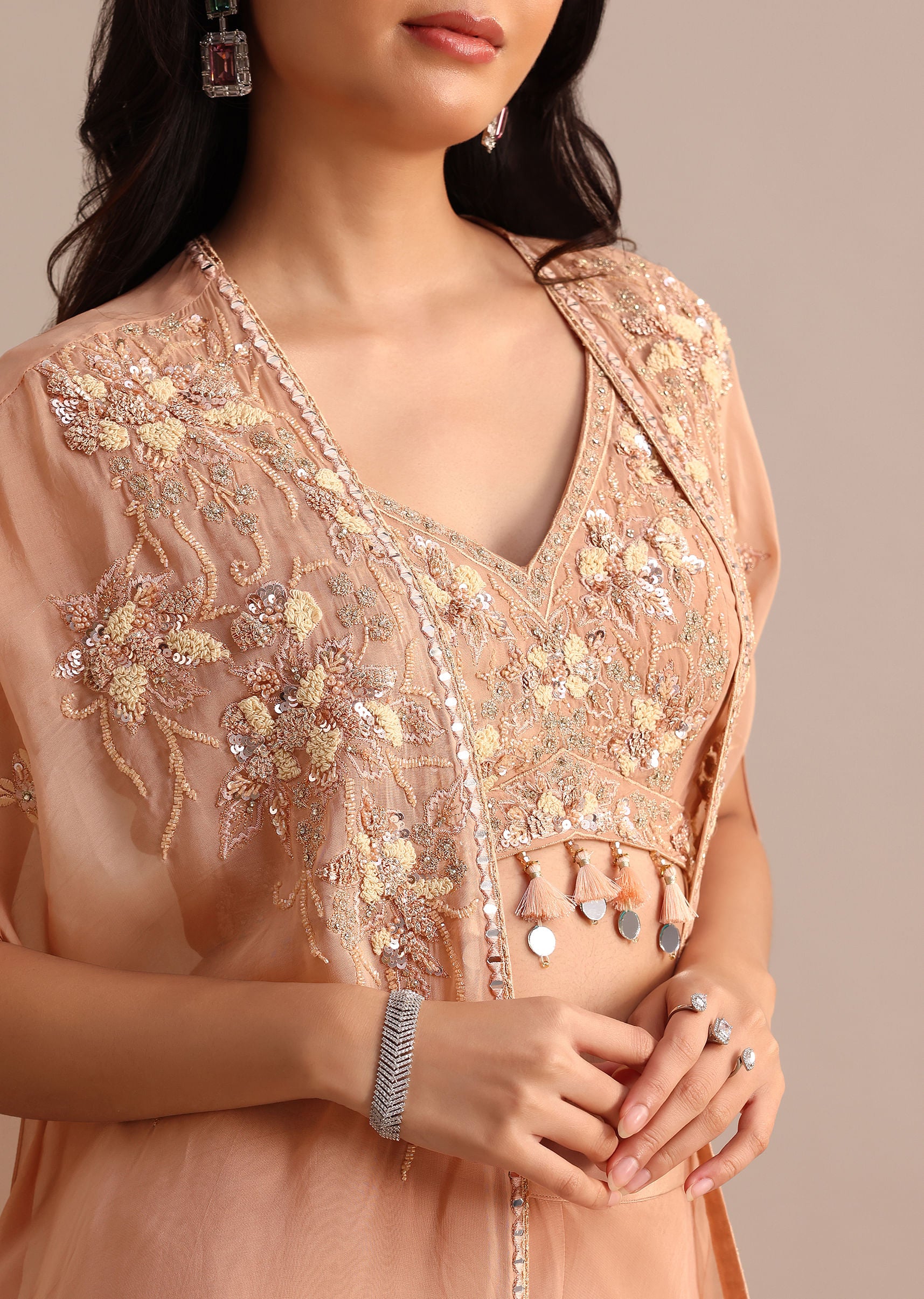Peach Organza Crop Top Suit With Embroidered Jacket - Image 2