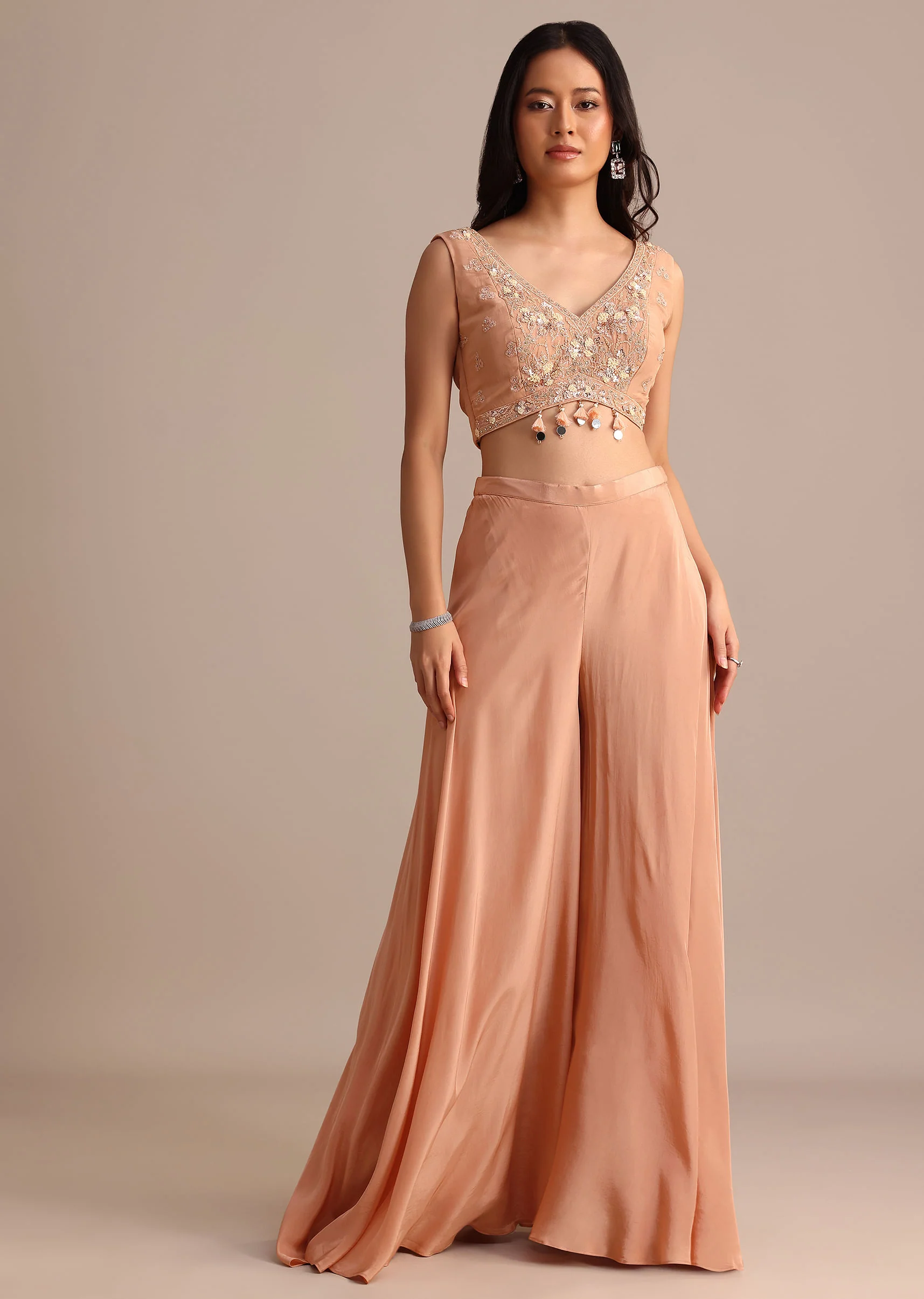 Peach Organza Crop Top Suit With Embroidered Jacket - Image 6