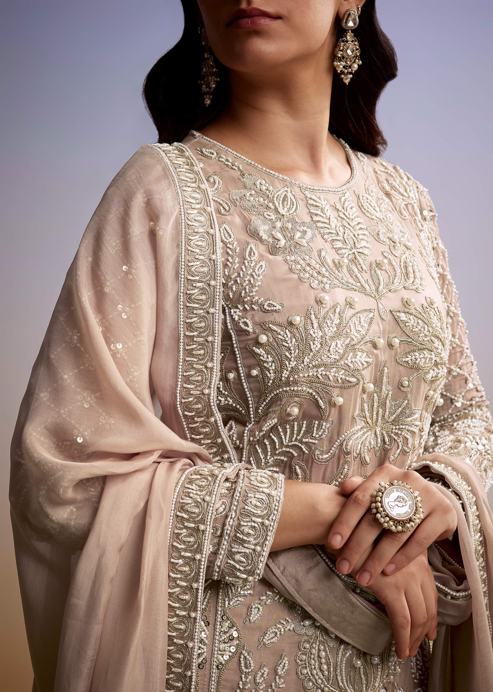 Peach Organza Palazzo Suit With Zari And Moti Work - Image 2