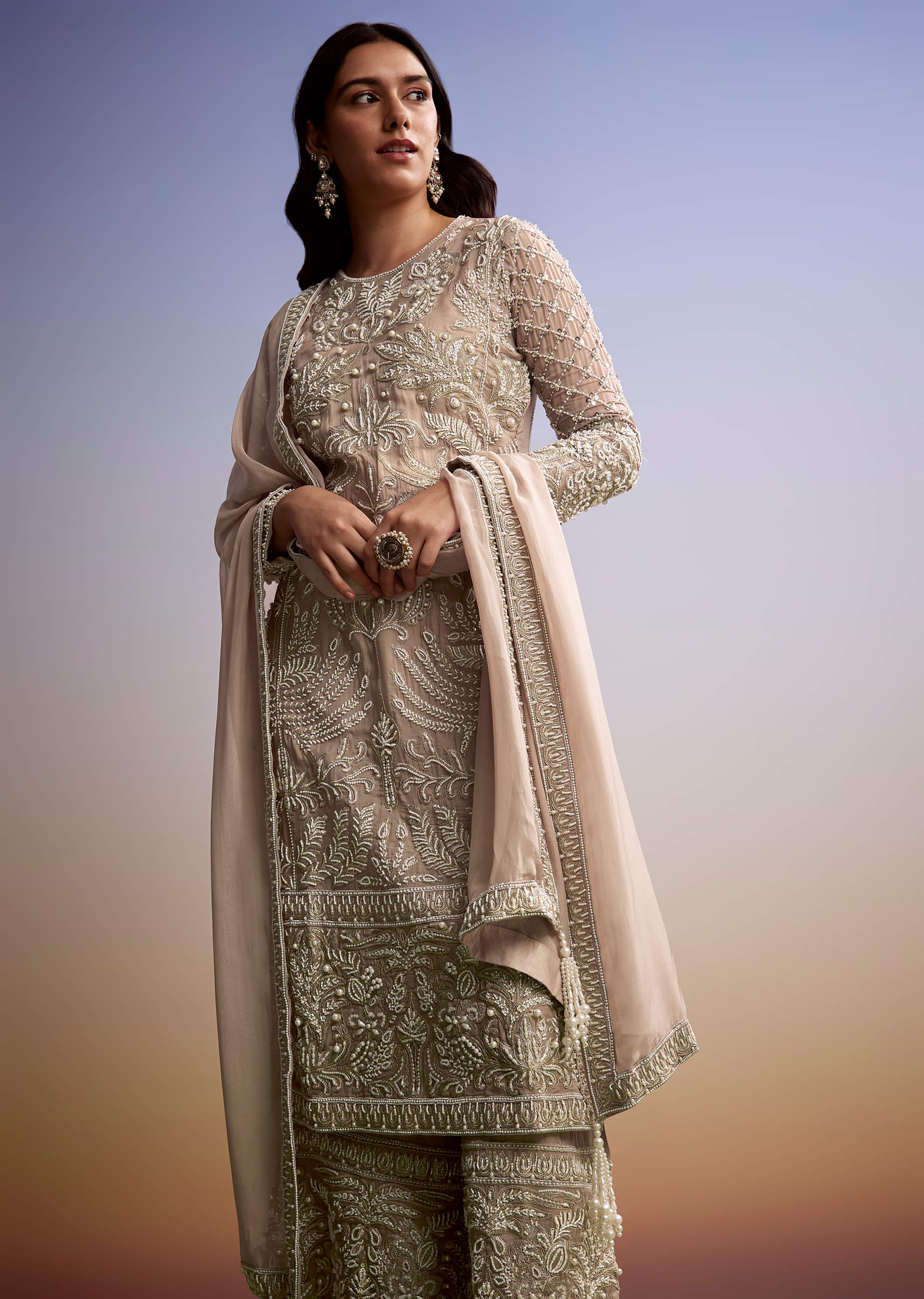 Peach Organza Palazzo Suit With Zari And Moti Work - Image 4