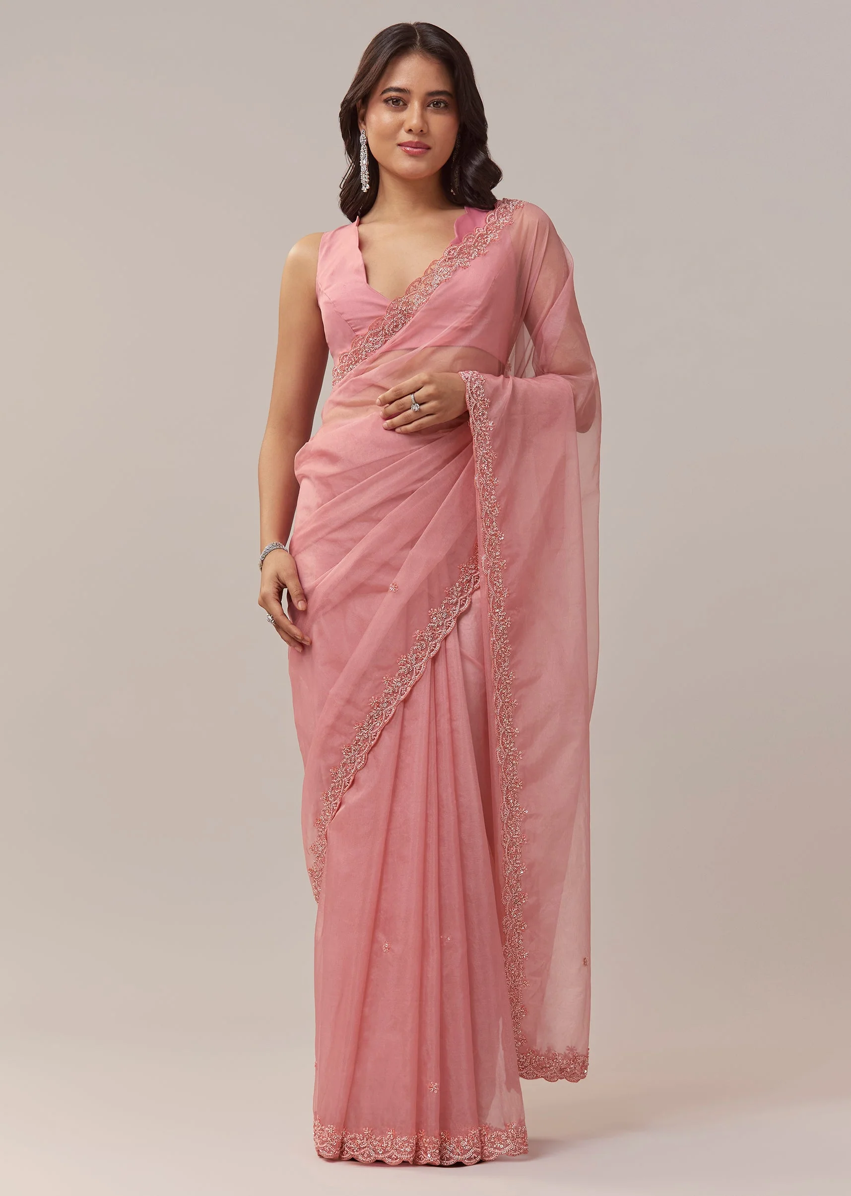 Peach Organza Saree With Scallop Border And Butti Embroidery - Image 3