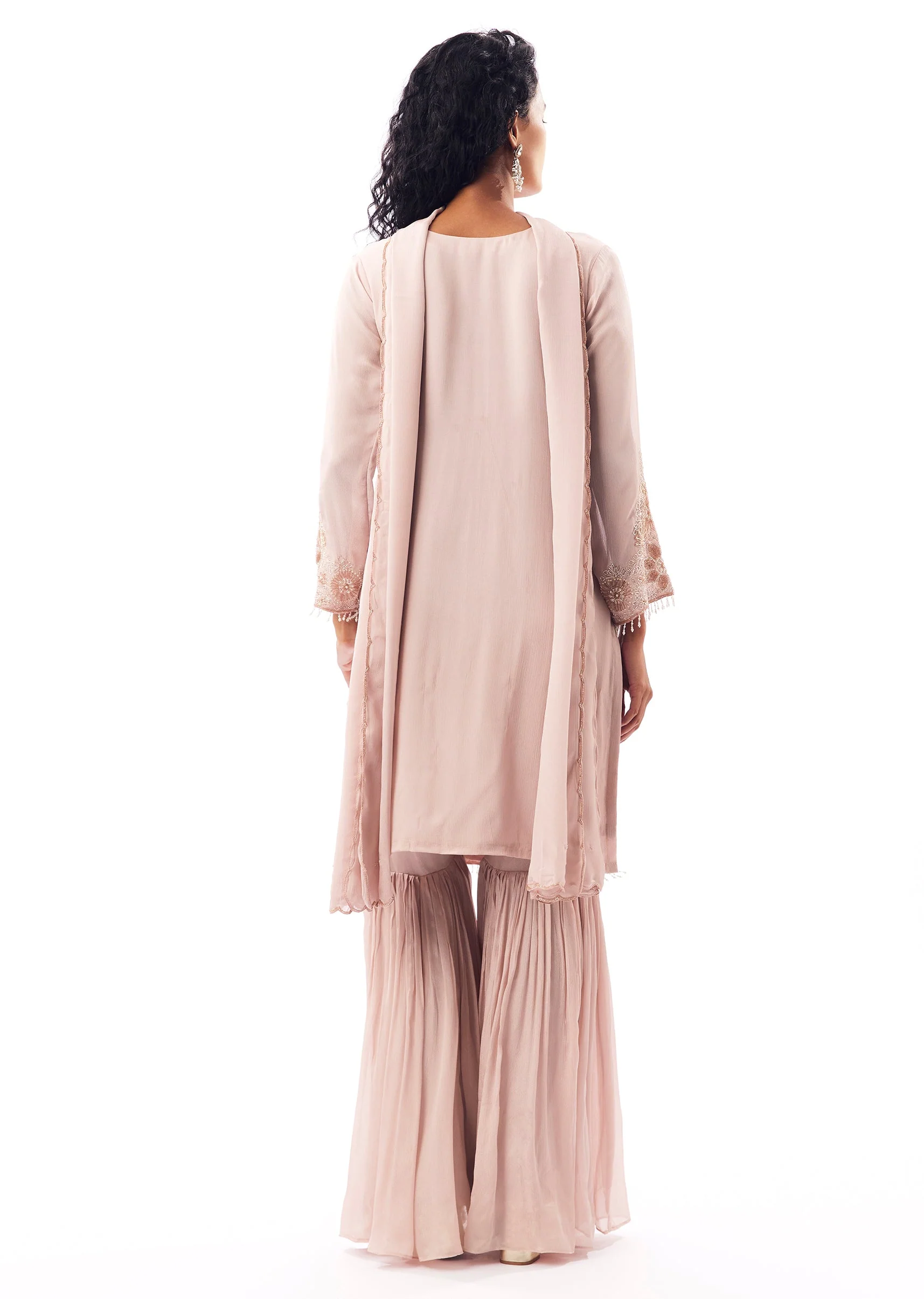 Peach Pakistani Style Sharara Suit With Cutdana Moti Shimmer - Image 5