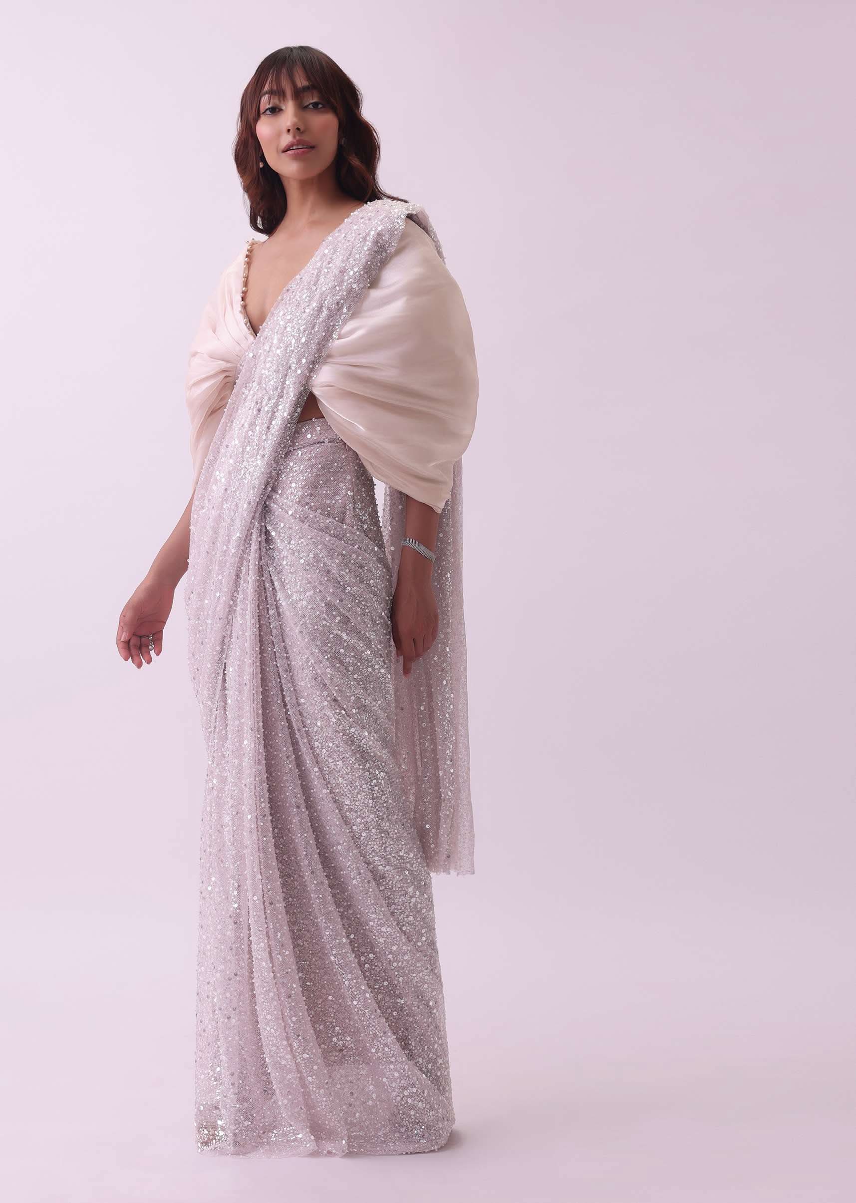 Peach Pink Pre Stitched Saree And Blouse With Pearl Embroidery