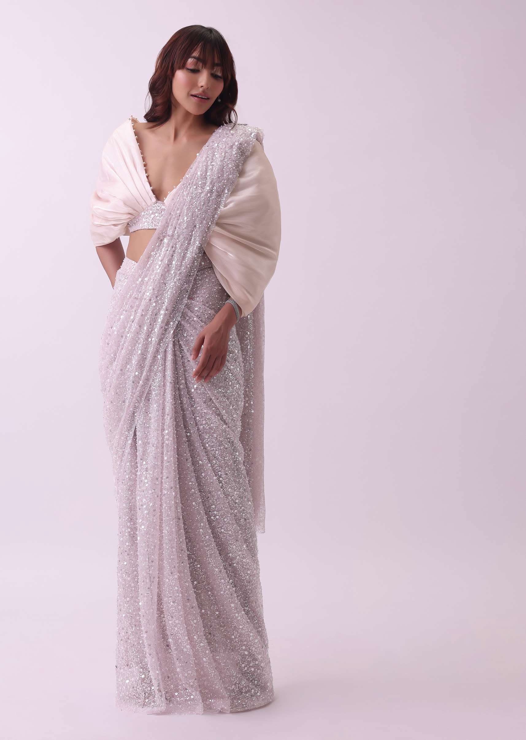 Peach Pink Pre Stitched Saree And Blouse With Pearl Embroidery - Image 8