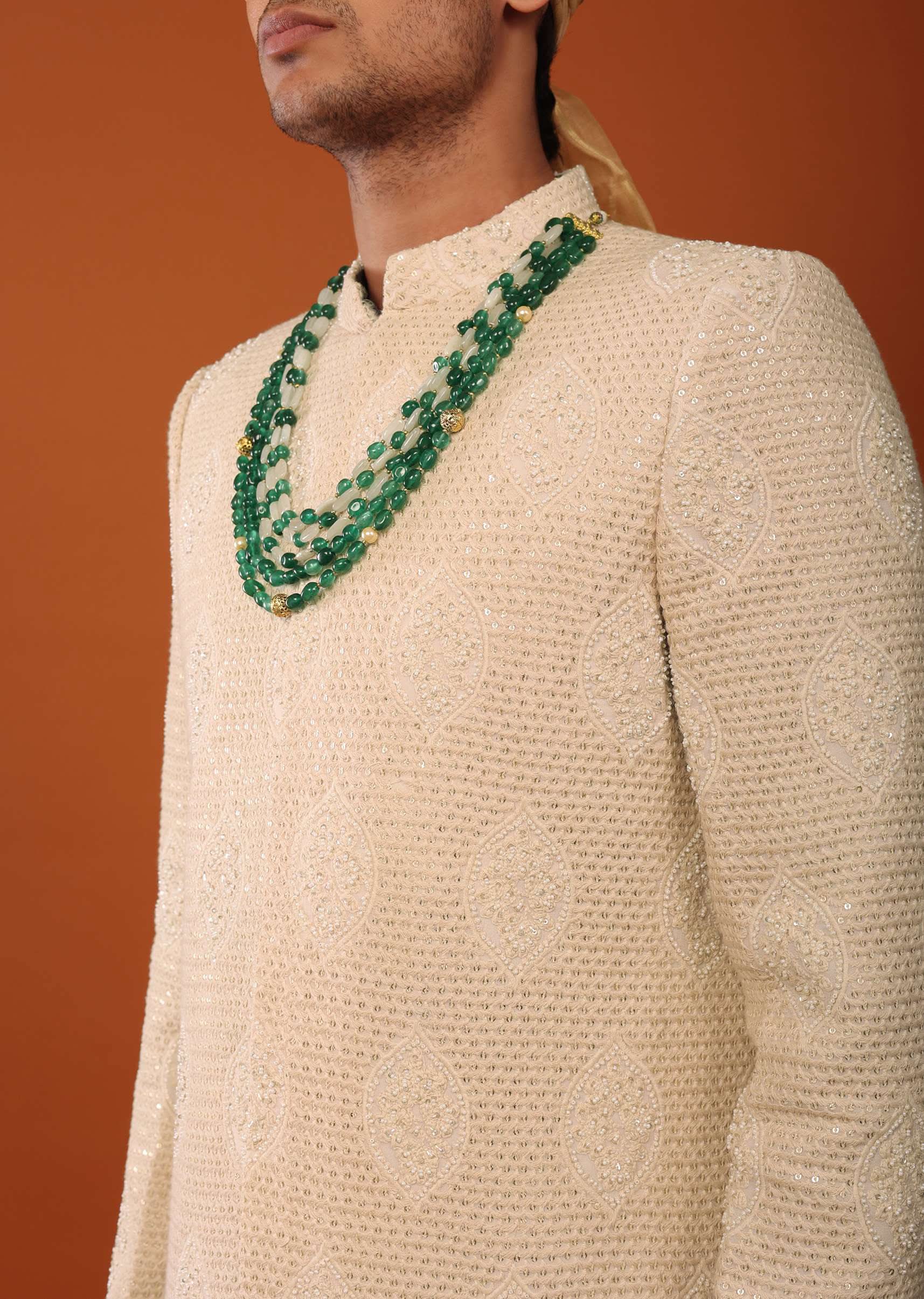 Peach Pink Sherwani Set In Textured Silk With Embroidery - Image 3