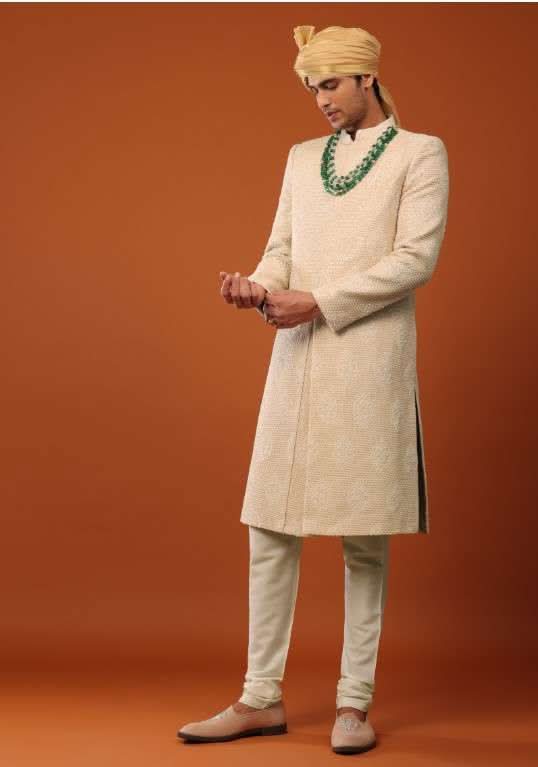 Peach Pink Sherwani Set In Textured Silk With Embroidery - Image 4