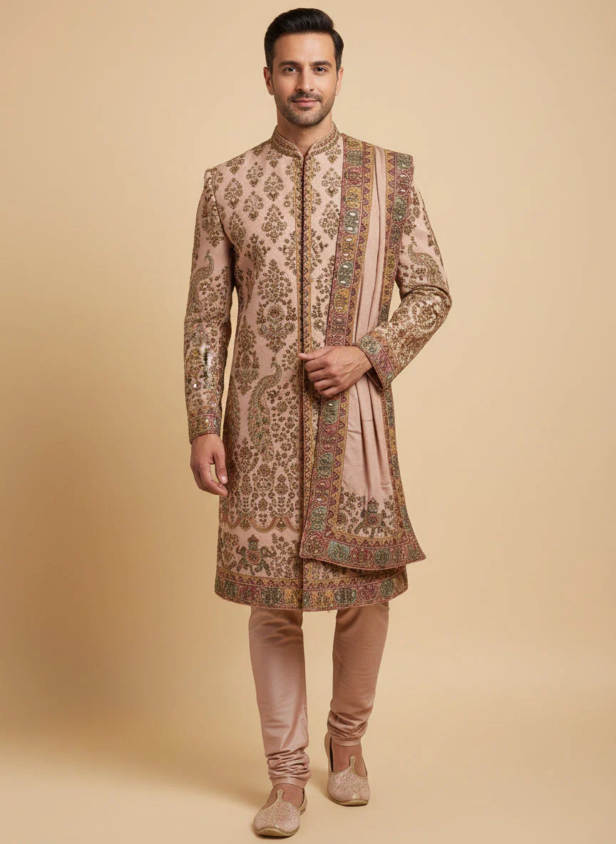 Peach Pink Wedding Sherwani - Image 2