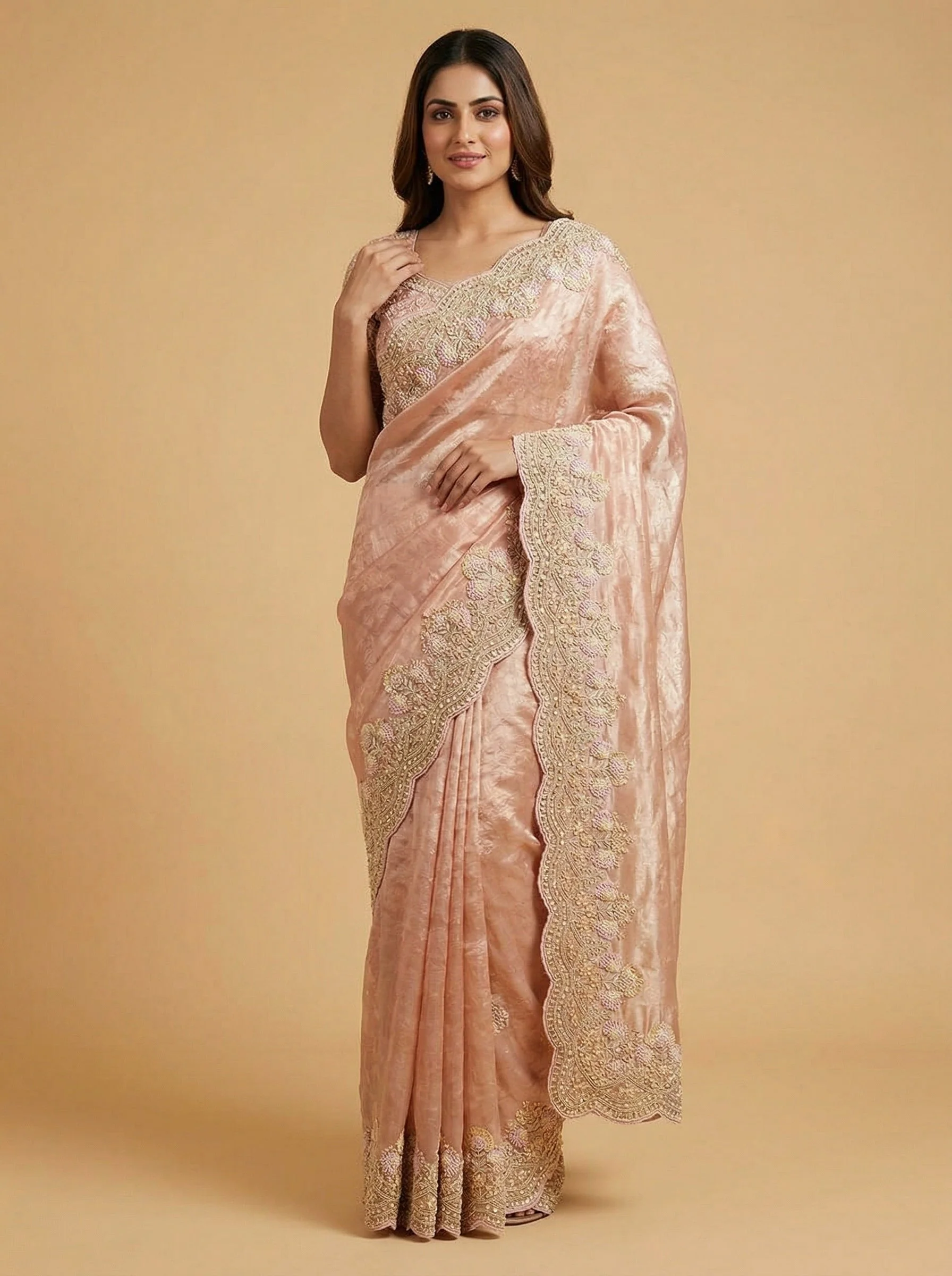 Peach Powdered Embroidered Saree