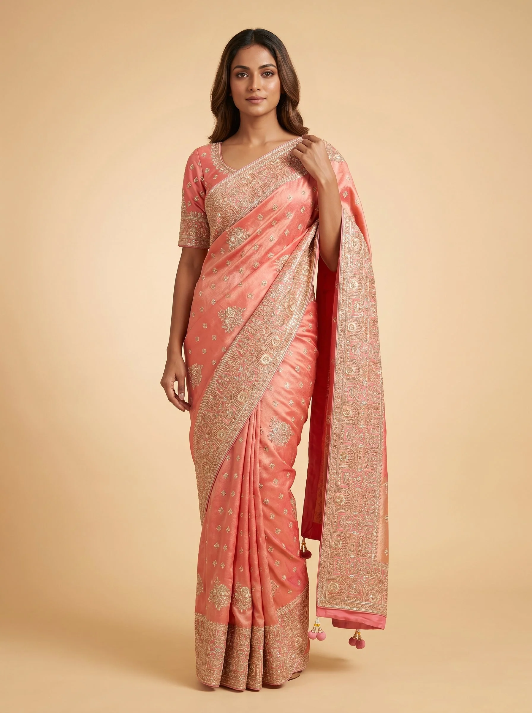 Peach Precision Motif Stitch Saree
