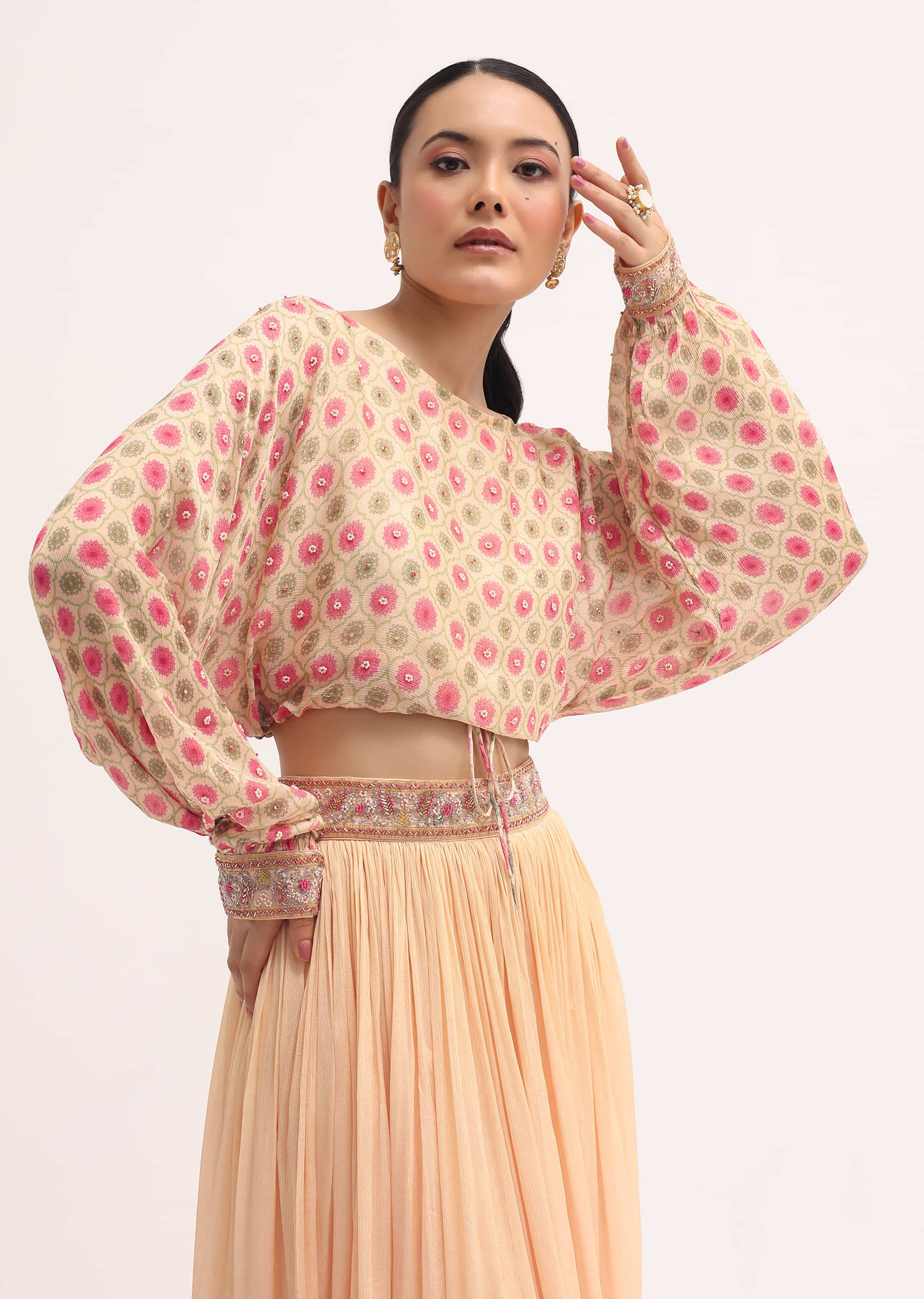 Peach Printed Chiffon Crop Top And Skirt - Image 2