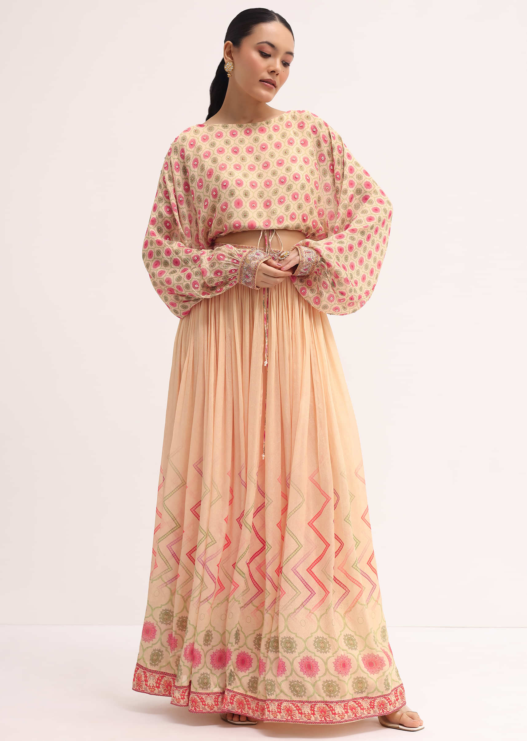 Peach Printed Chiffon Crop Top And Skirt - Image 3