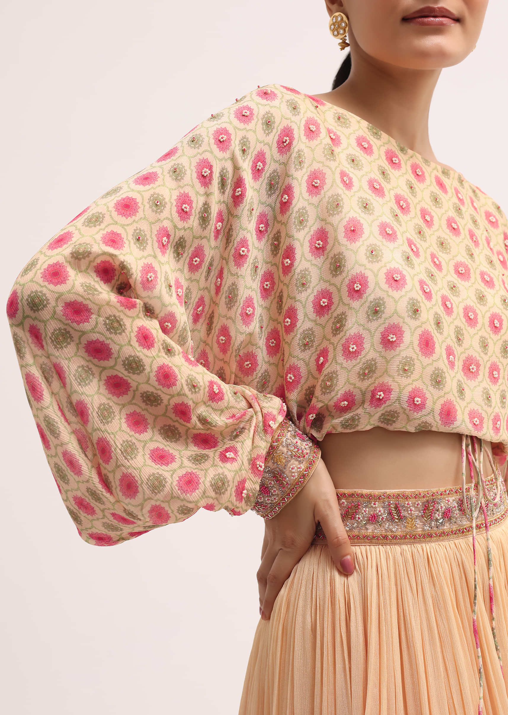 Peach Printed Chiffon Crop Top And Skirt - Image 4
