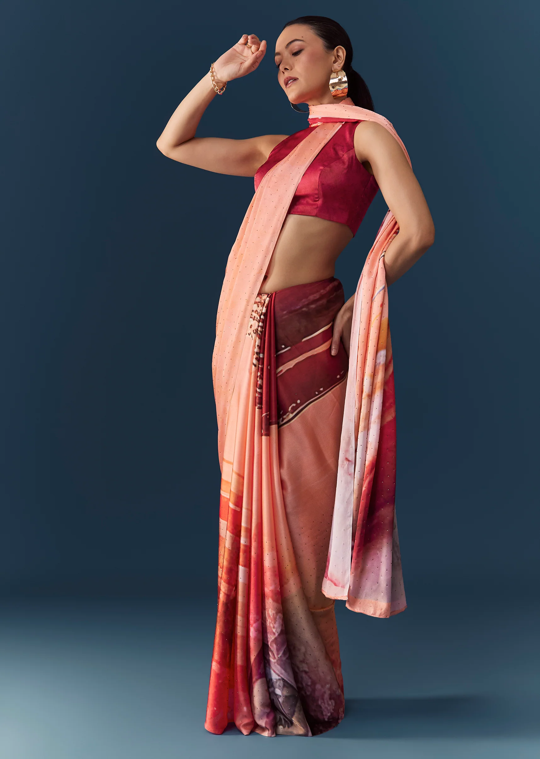 Peach Printed Saree with Blouse Fabric - Image 3