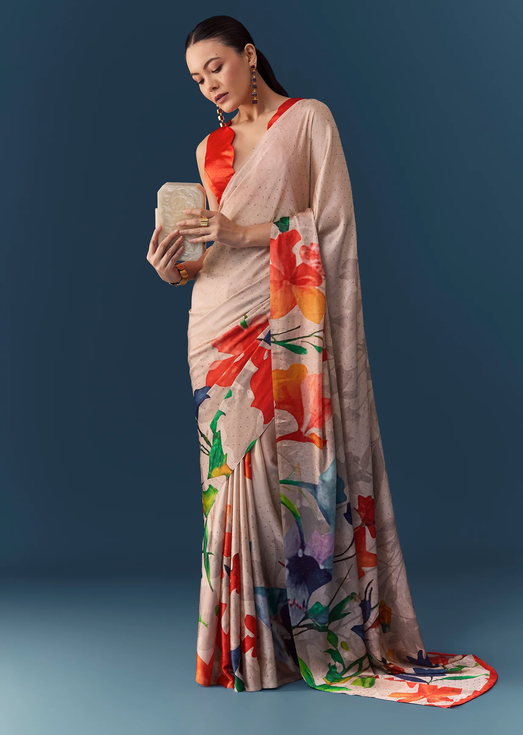 Peach Printed Satin Saree with Blouse Fabric - Image 3