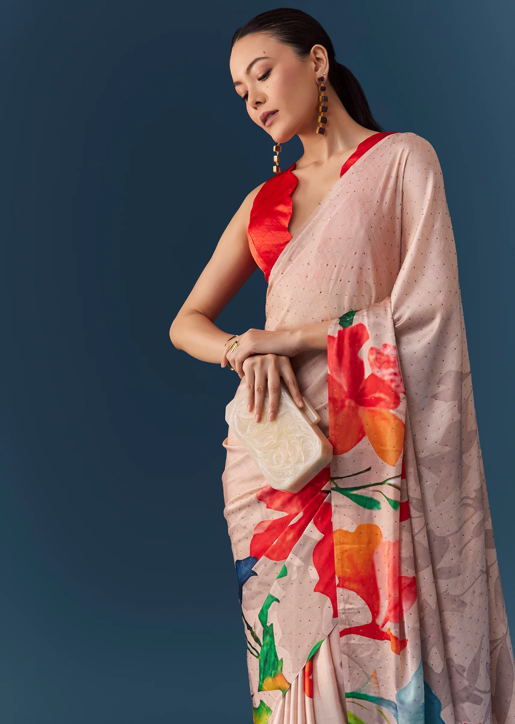 Peach Printed Satin Saree with Blouse Fabric - Image 4