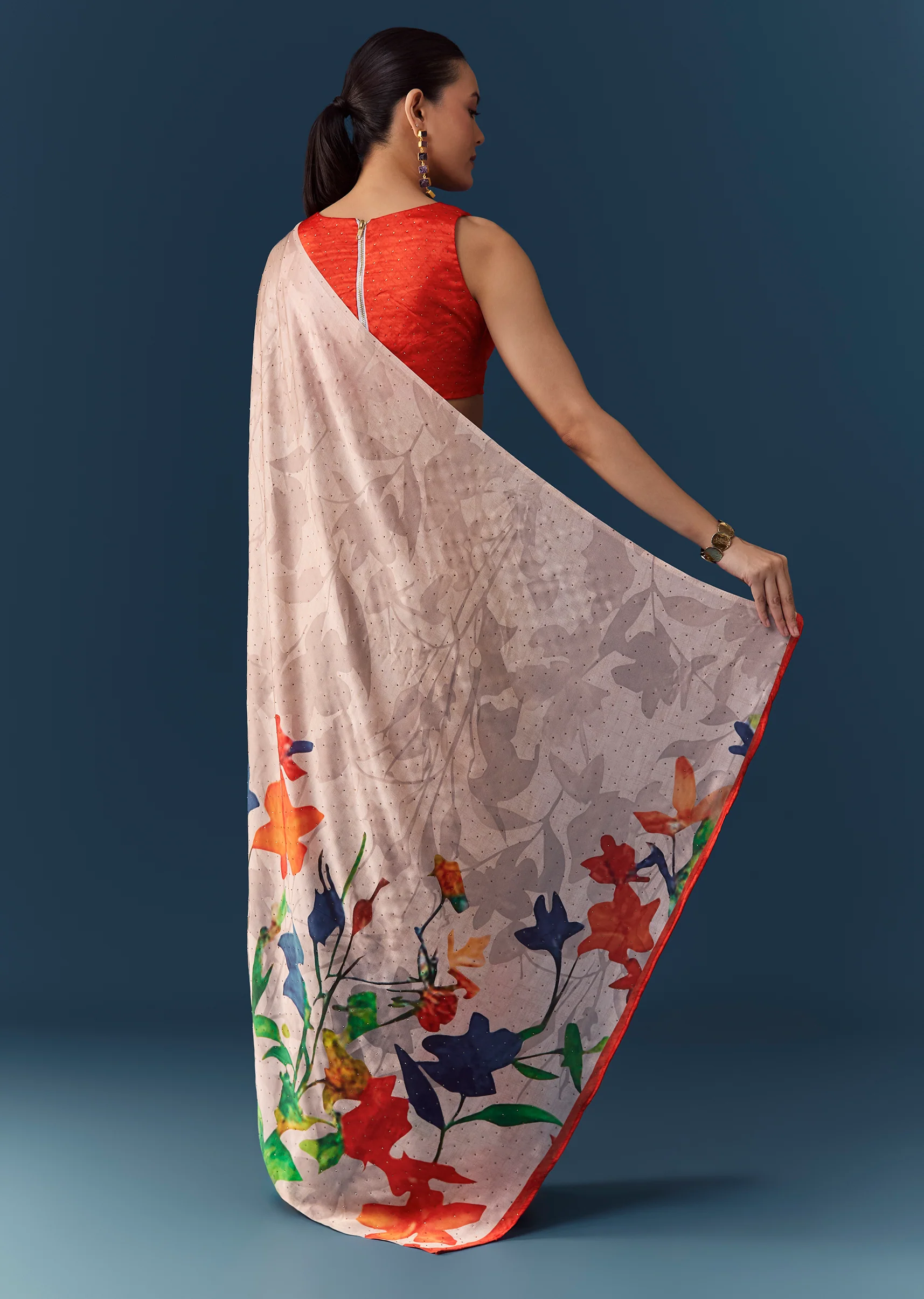 Peach Printed Satin Saree with Blouse Fabric - Image 5