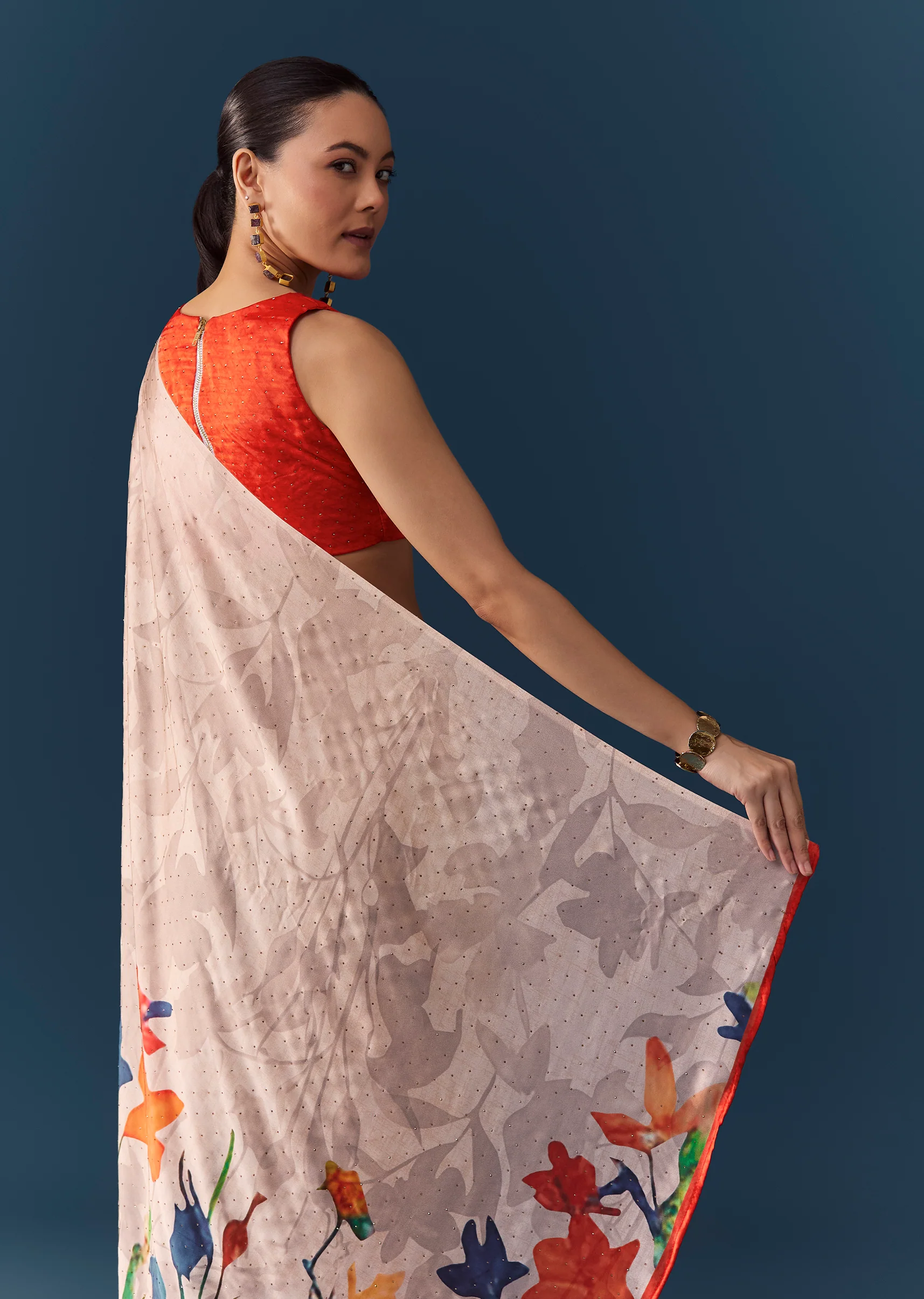 Peach Printed Satin Saree with Blouse Fabric - Image 6