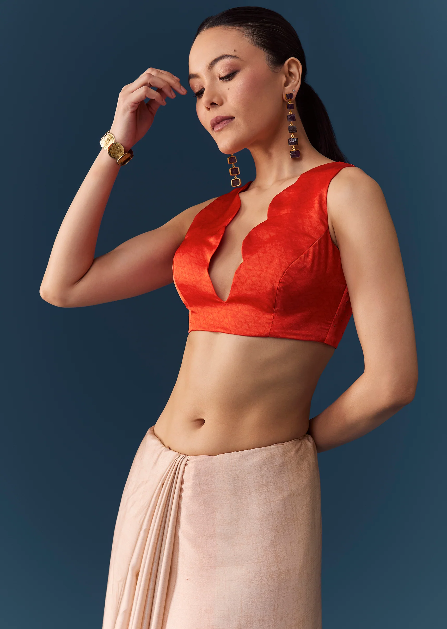 Peach Printed Satin Saree with Blouse Fabric - Image 7