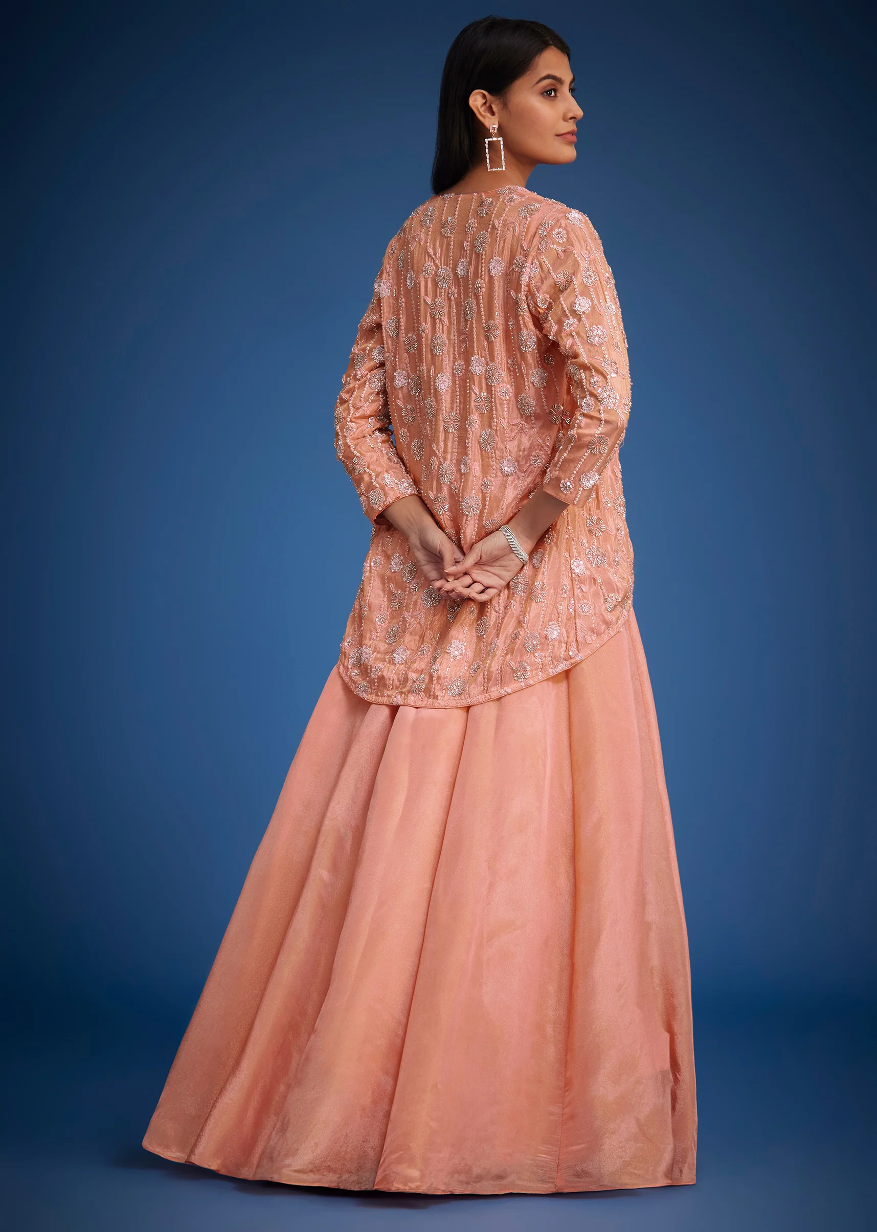 Peach Raw Silk Embroidered Jacket Lehenga Set - Image 5