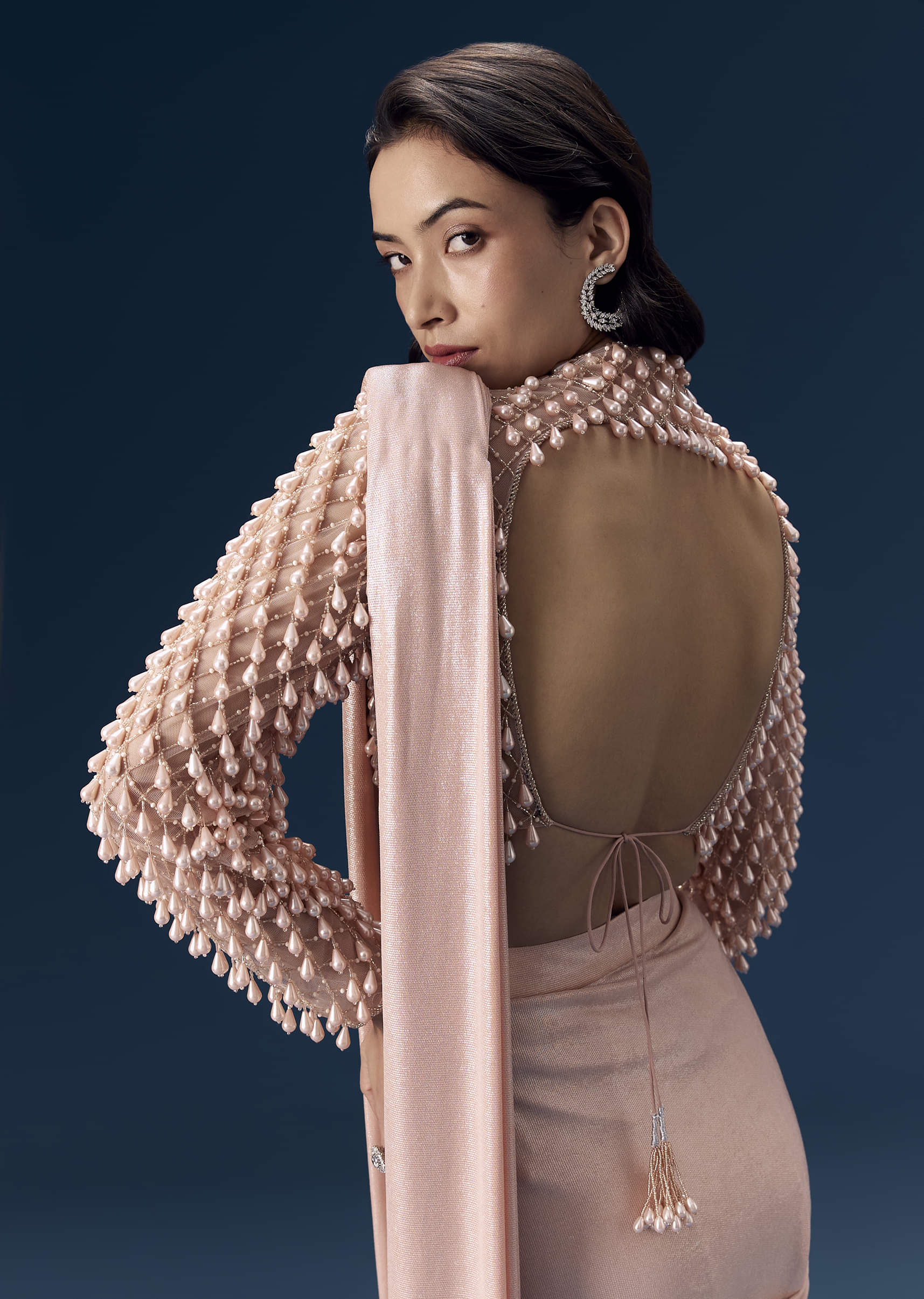 Peach Ready Pleated Saree with Blouse - Image 6