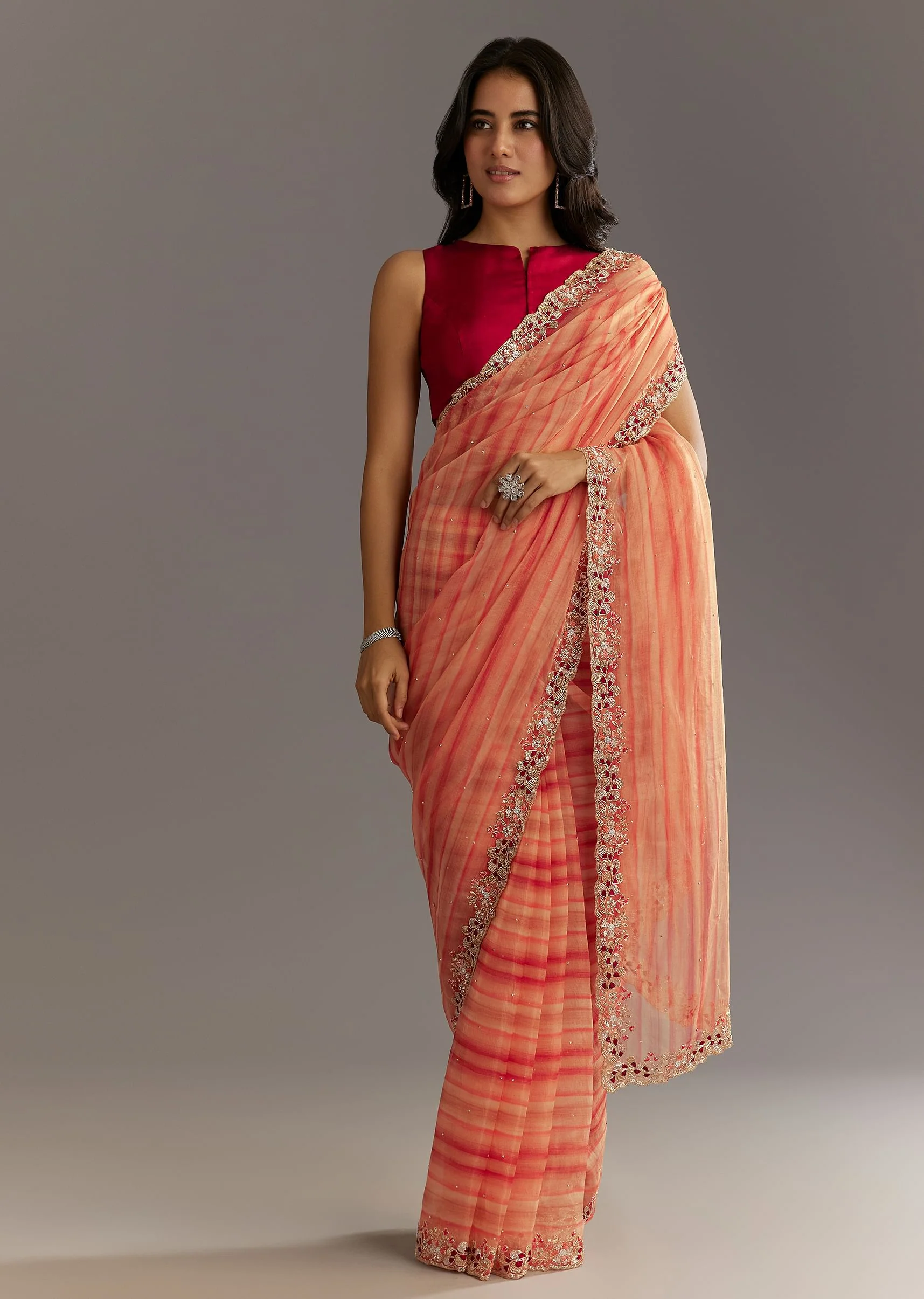 Peach Red Shaded Shibori Print Tissue Saree With Embroidered Scallop Border