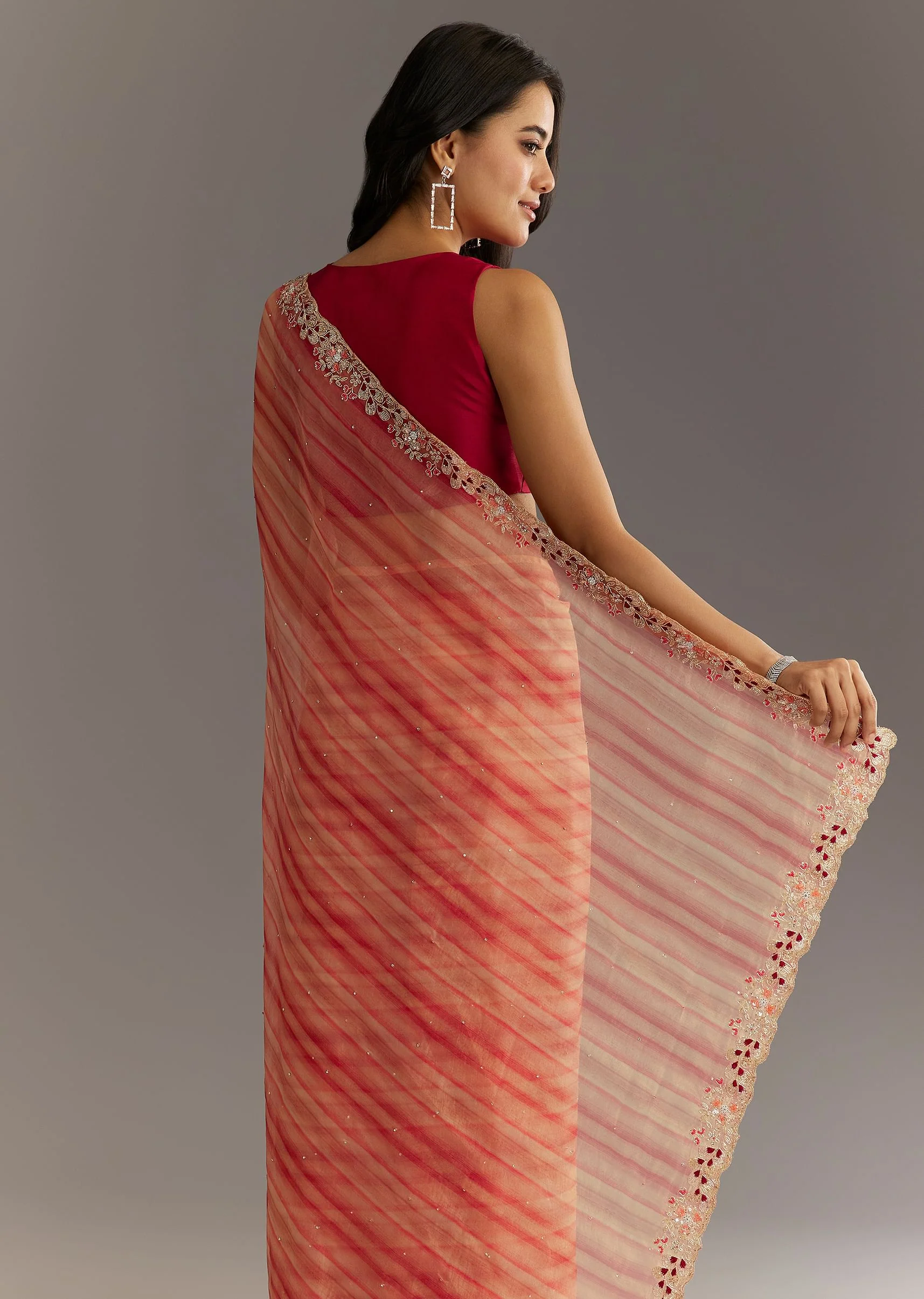 Peach Red Shaded Shibori Print Tissue Saree With Embroidered Scallop Border - Image 4
