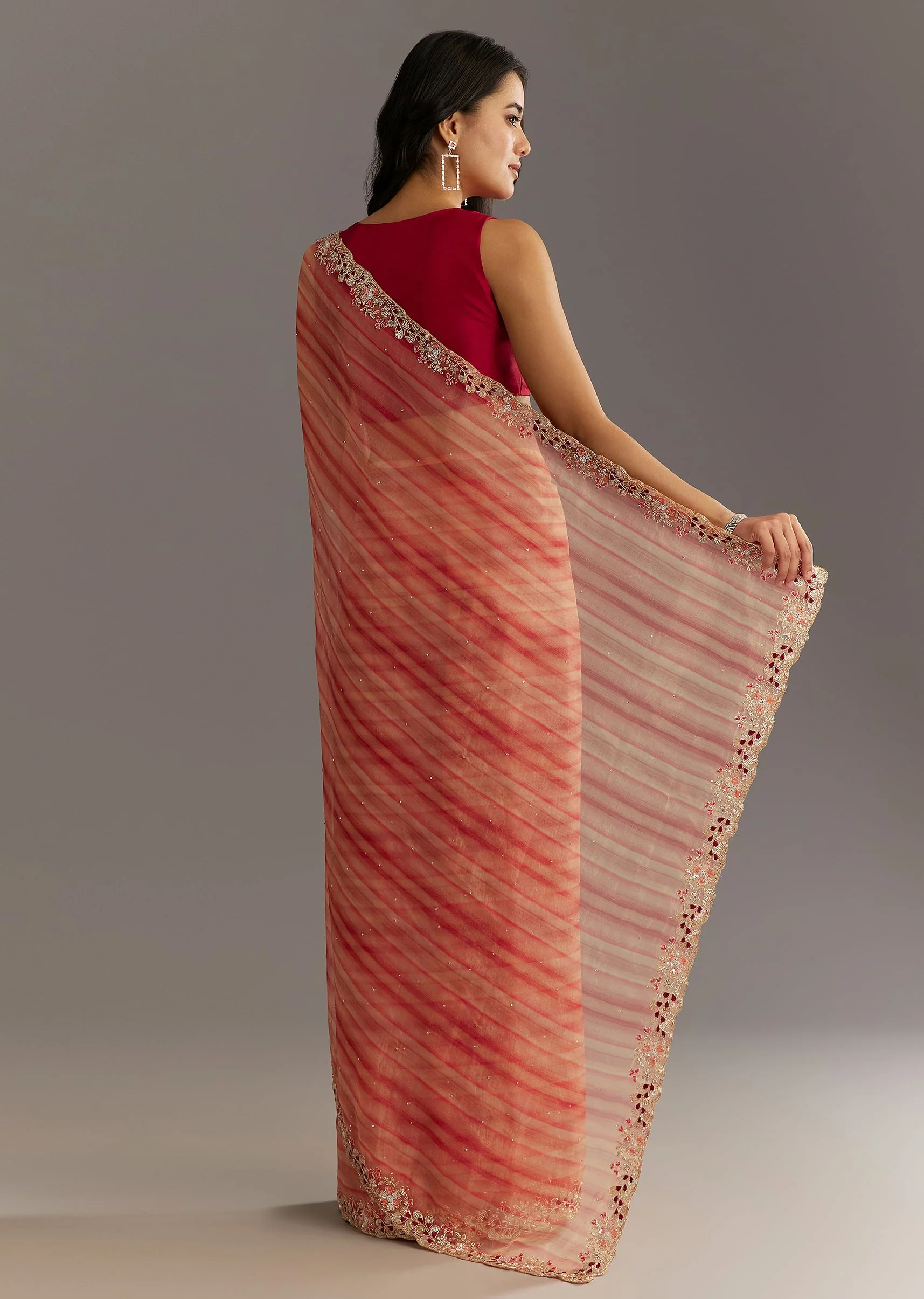 Peach Red Shaded Shibori Print Tissue Saree With Embroidered Scallop Border - Image 6