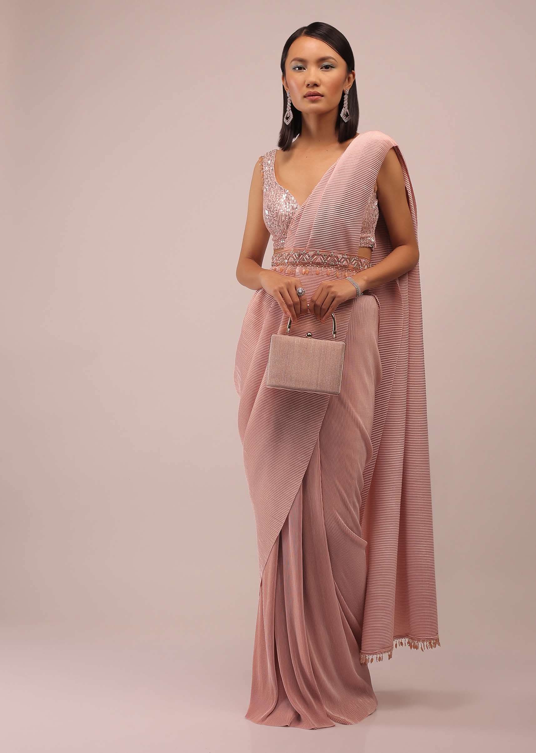 Peach Saree With A Crop Top Crafted In Net With Sequins Embroidery - Image 4