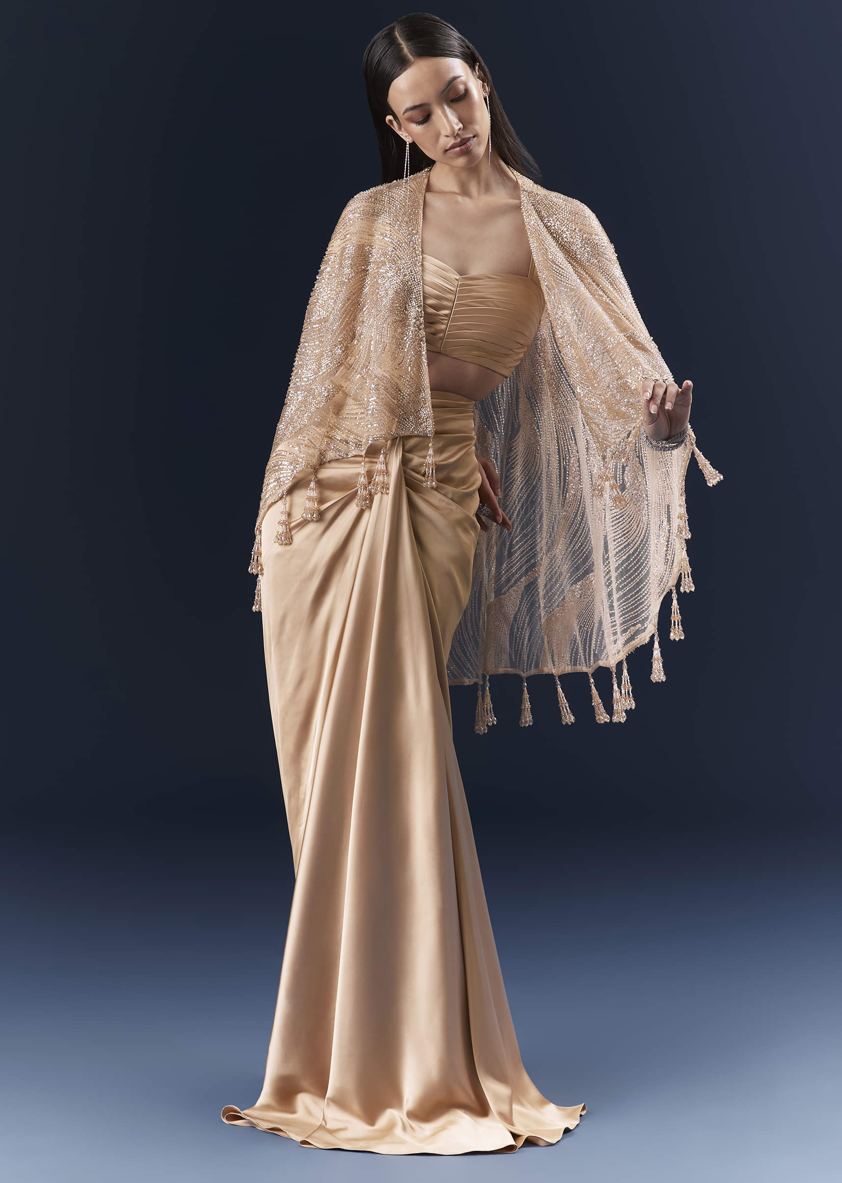 Peach Satin Crop Top And Skirt Set With Cutdana And Beads Embellishments