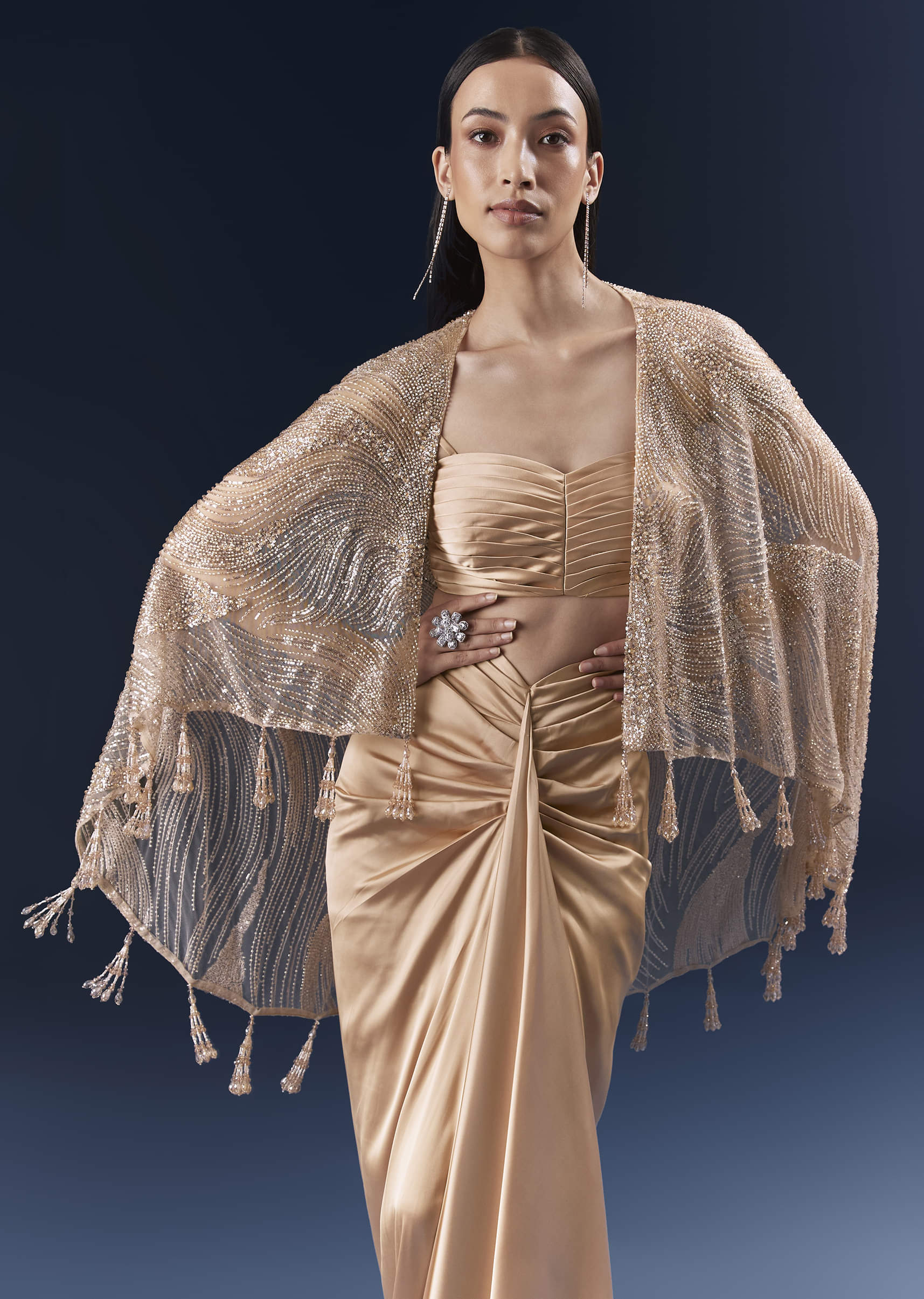 Peach Satin Crop Top And Skirt Set With Cutdana And Beads Embellishments - Image 3