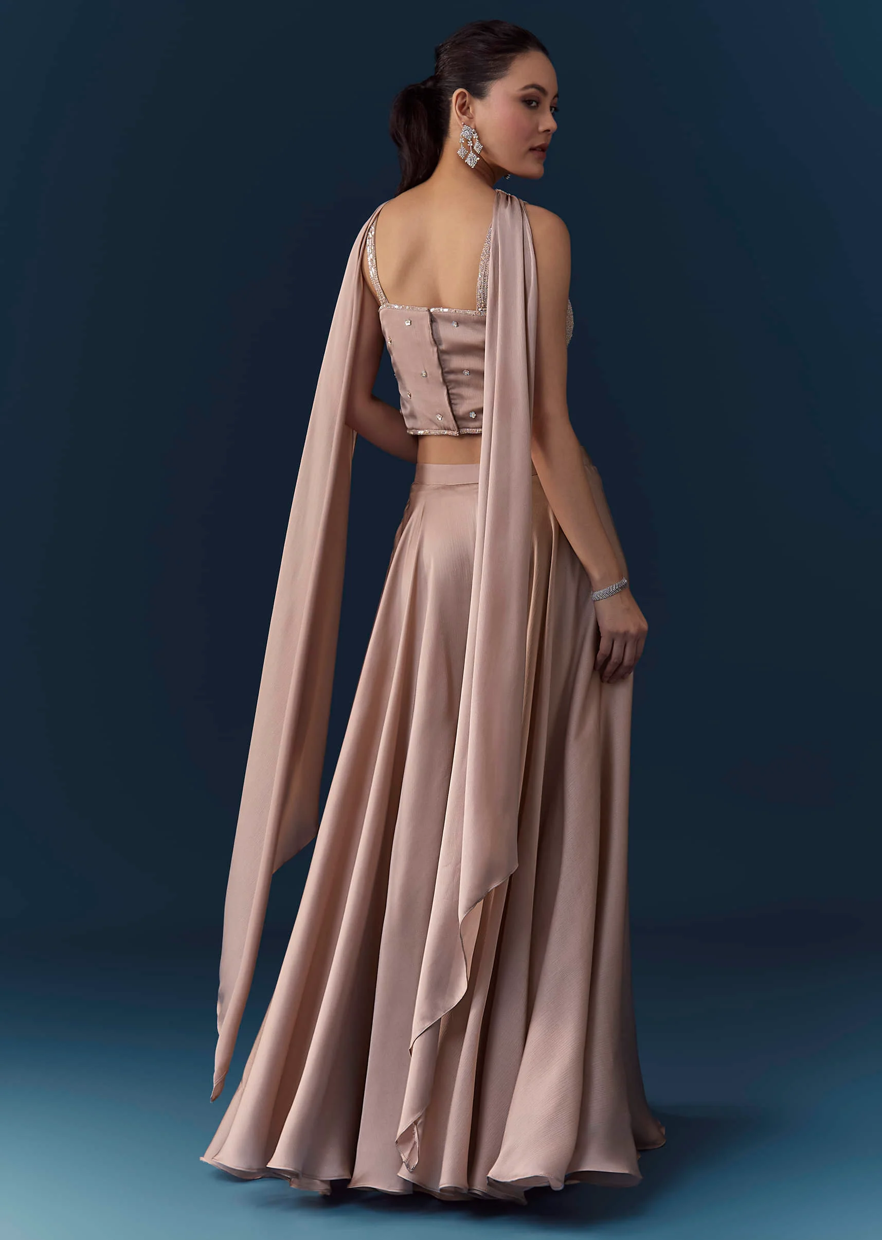 Peach Satin Sequin Work Crop Top Set with Dupatta - Image 5