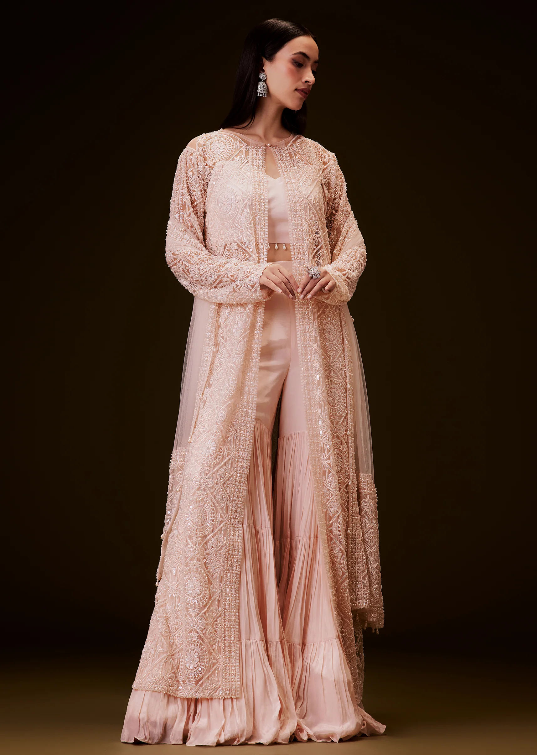 Peach Sharara Set With Sequence Embroidered Long Jacket - Image 2