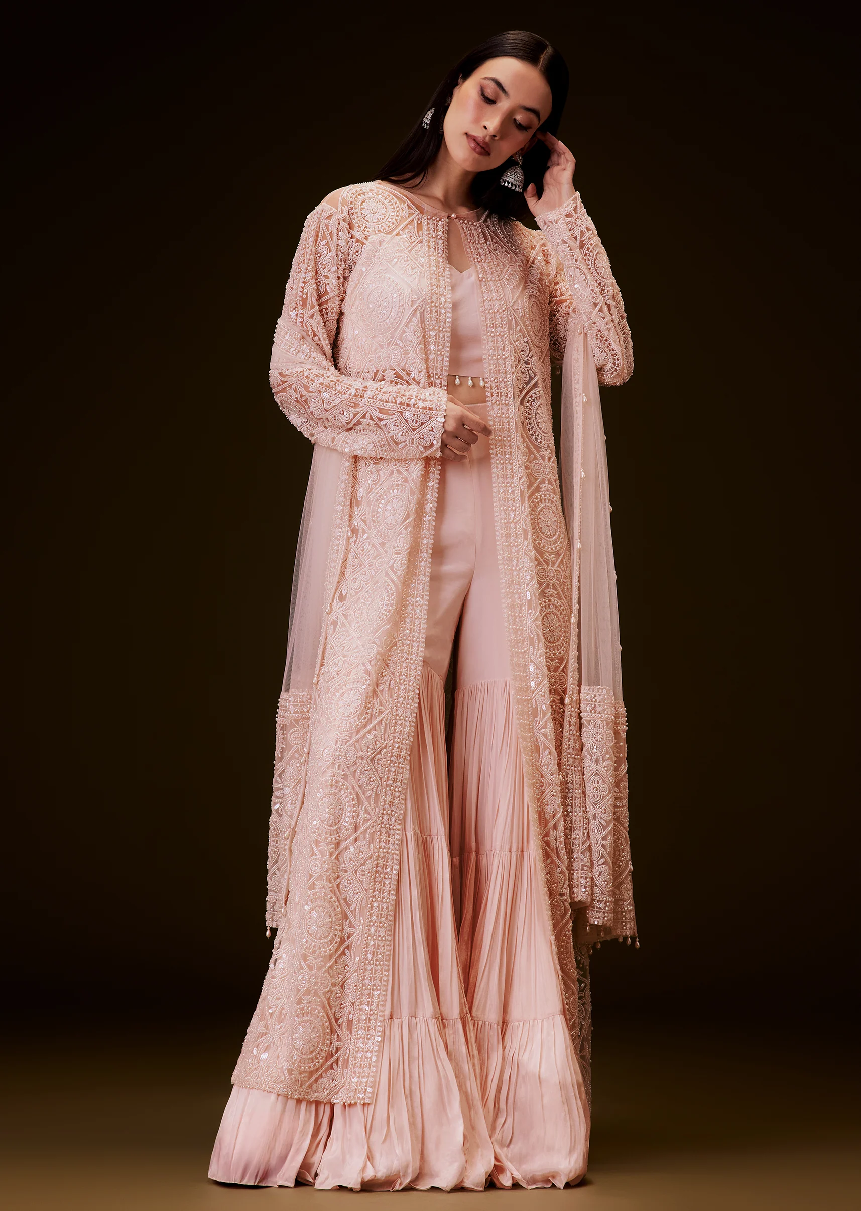 Peach Sharara Set With Sequence Embroidered Long Jacket - Image 4