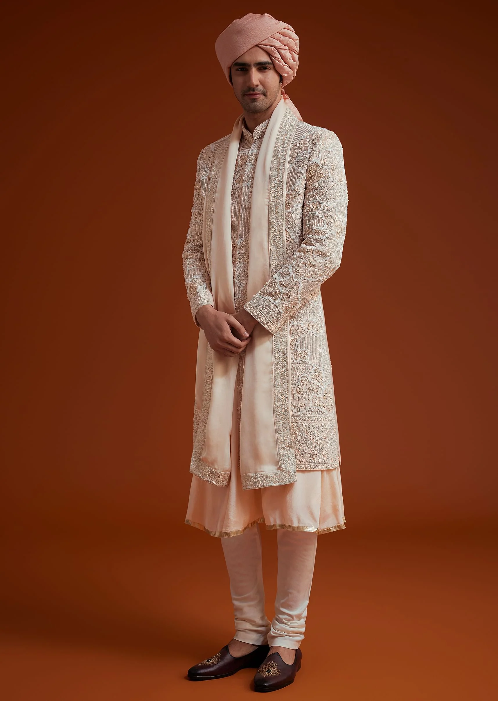 Peach Sherwani With Bead And Thread Embroidery