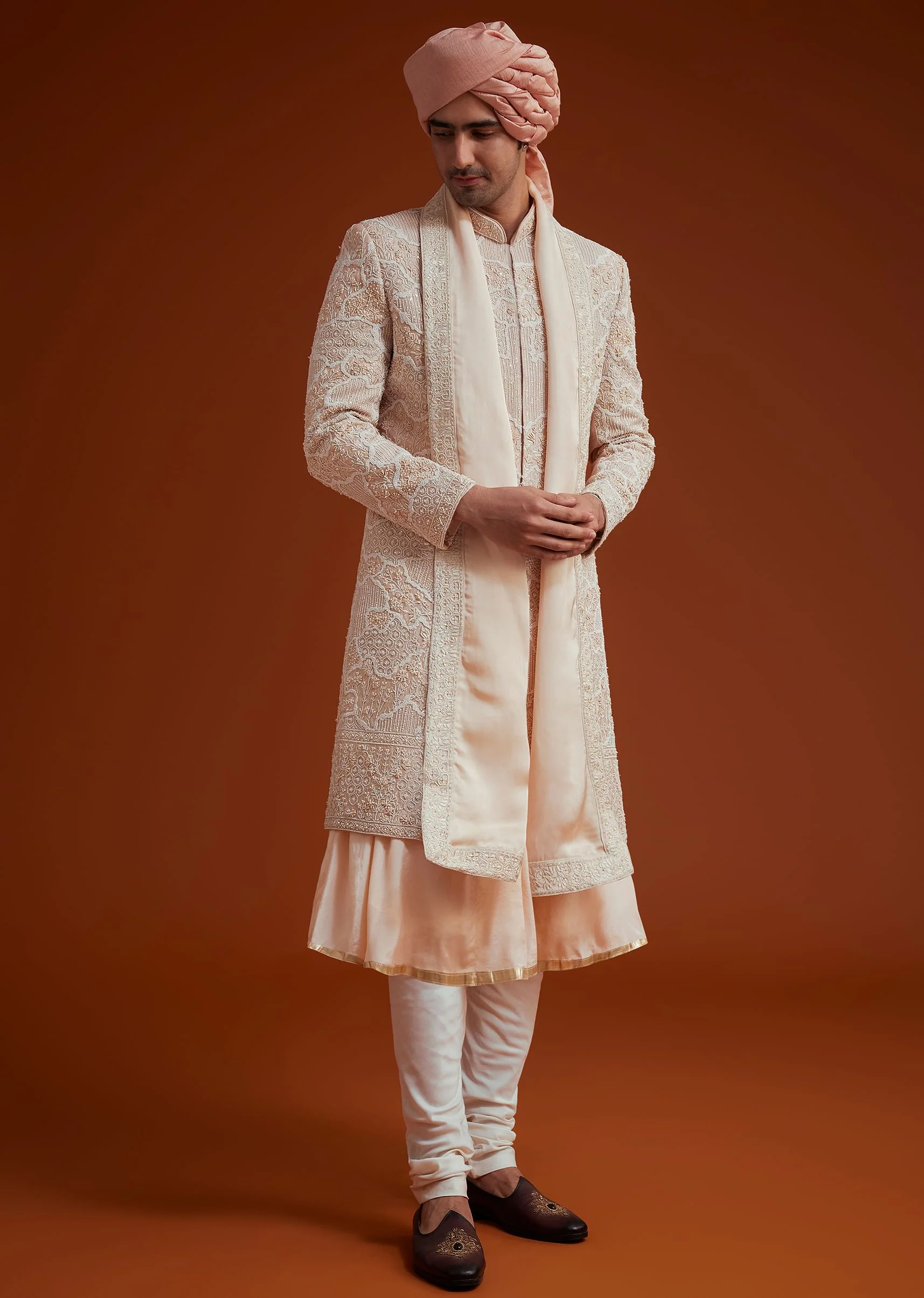 Peach Sherwani With Bead And Thread Embroidery - Image 3