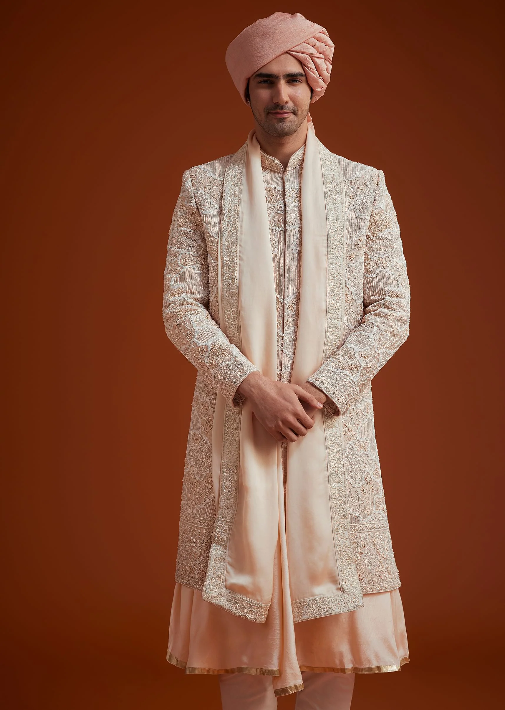 Peach Sherwani With Bead And Thread Embroidery - Image 4