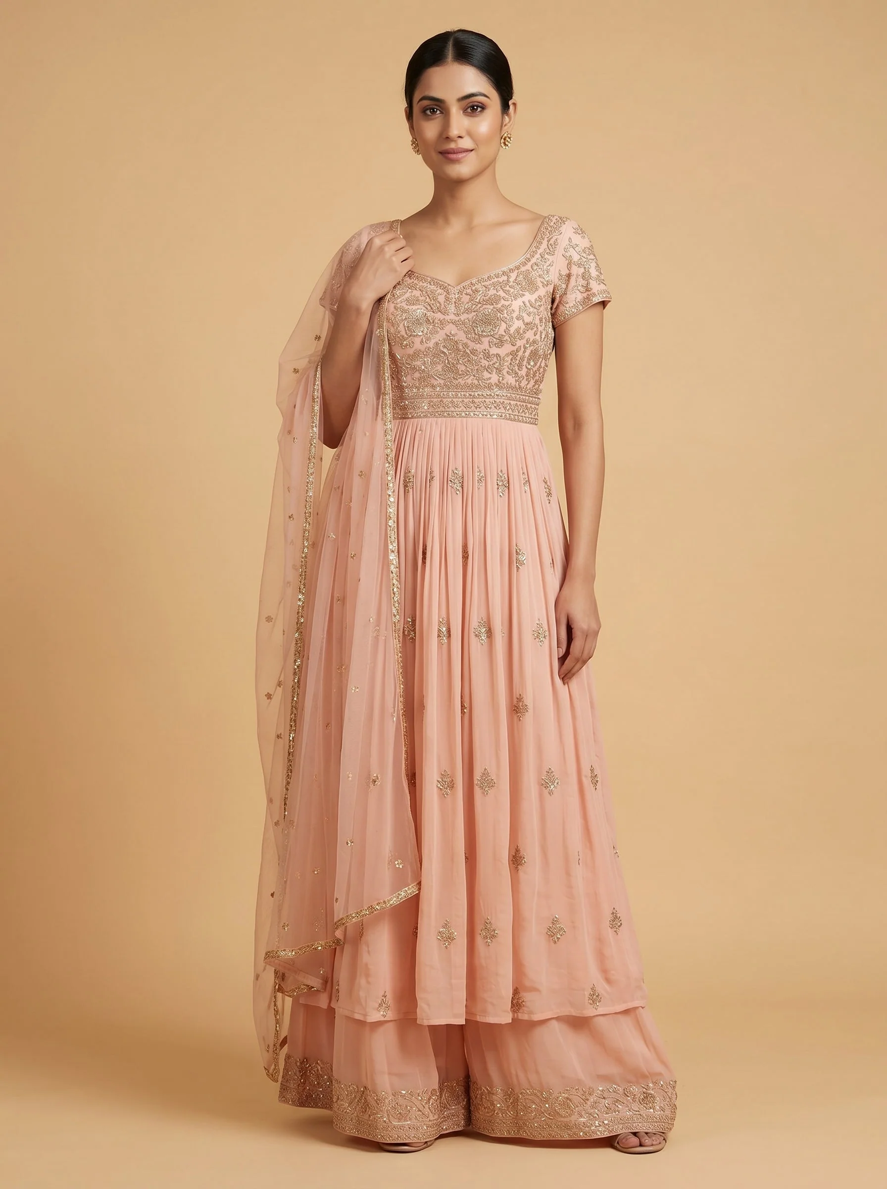 Peach Silk Anarkali Pant Set