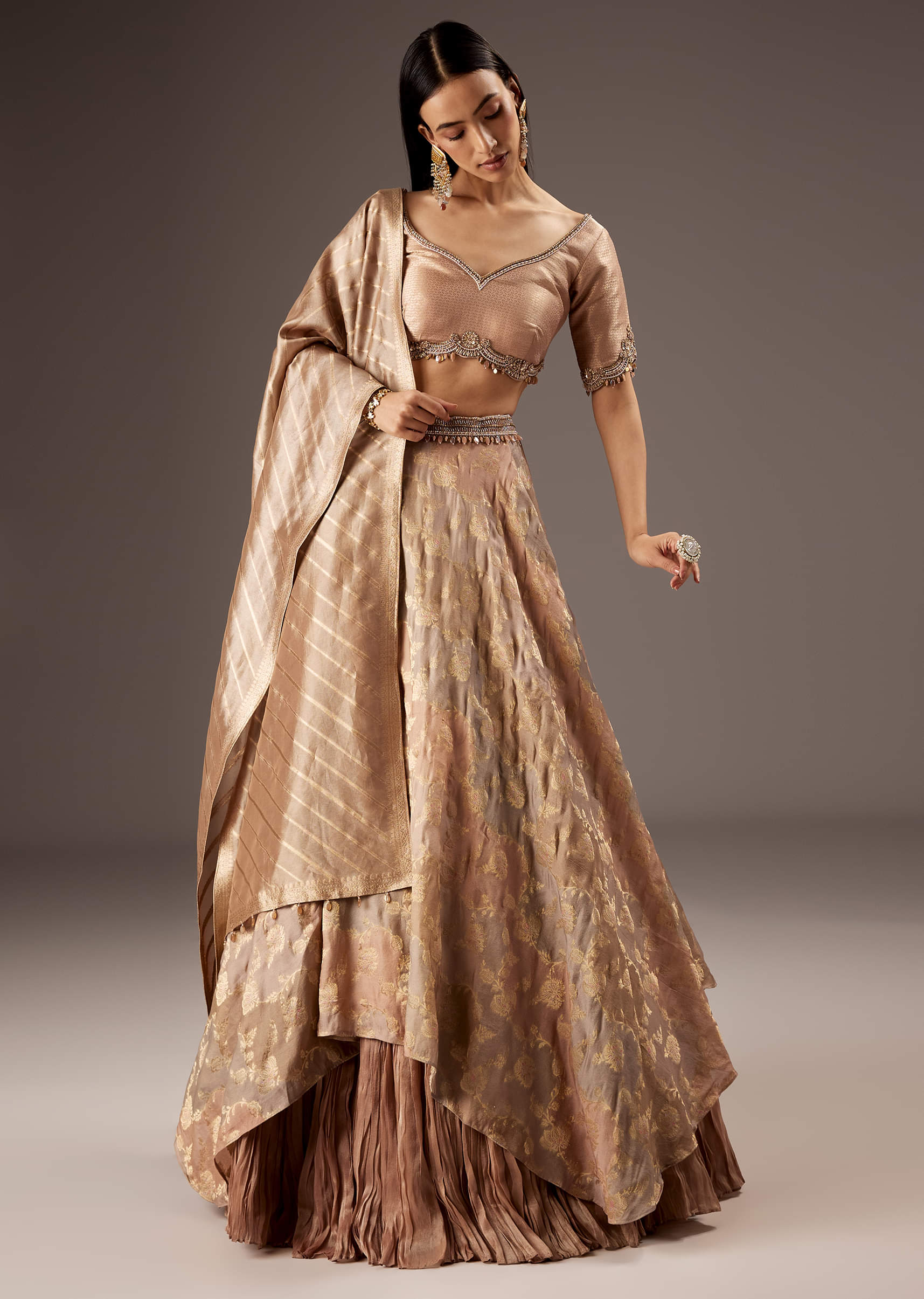 Peach Silk Bridesmaid Lehenga With Embroidered Tassel Blouse And Dupatta