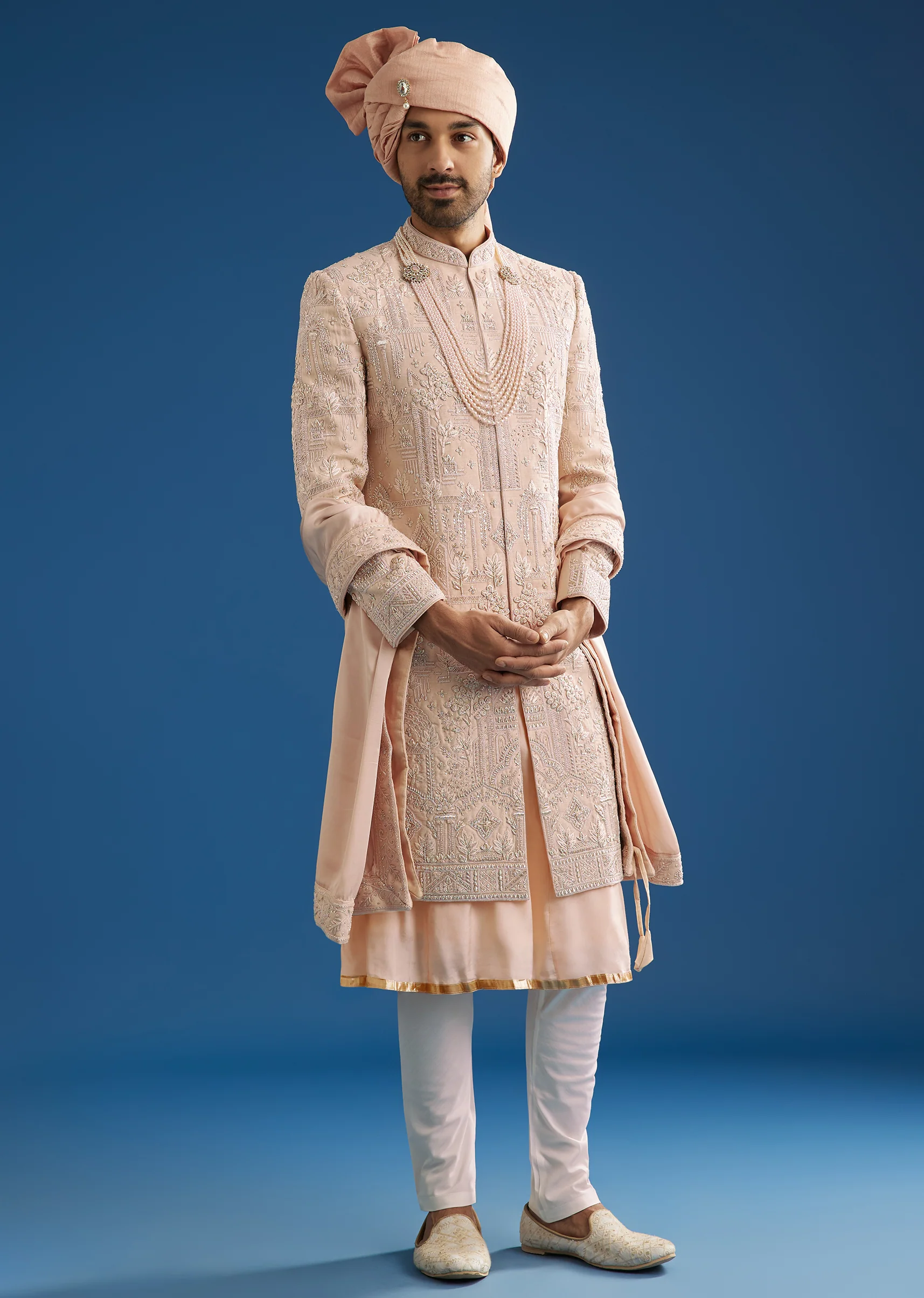 Peach Silk Groom Sherwani Set With Zardosi Embroidery - Image 3