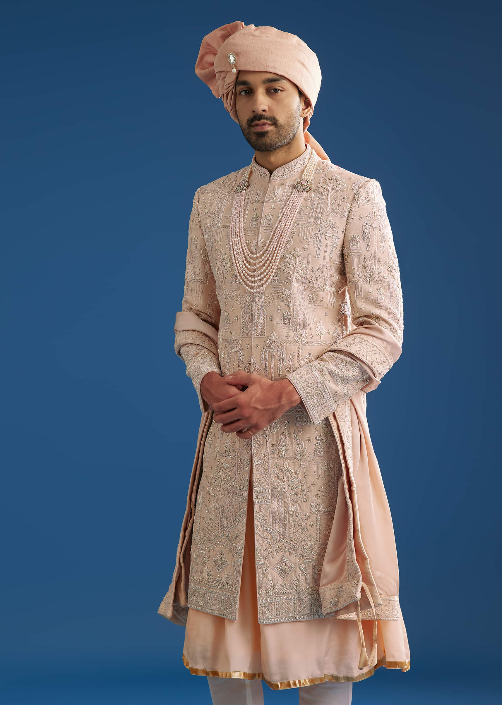 Peach Silk Groom Sherwani Set With Zardosi Embroidery - Image 4