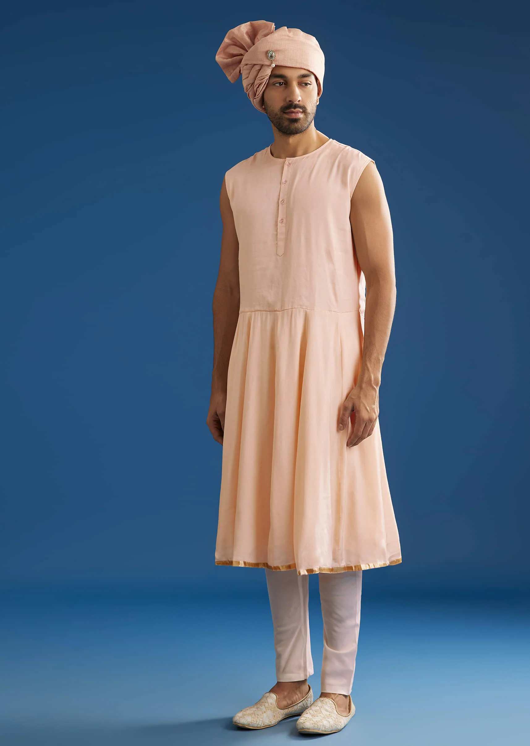 Peach Silk Groom Sherwani Set With Zardosi Embroidery - Image 7