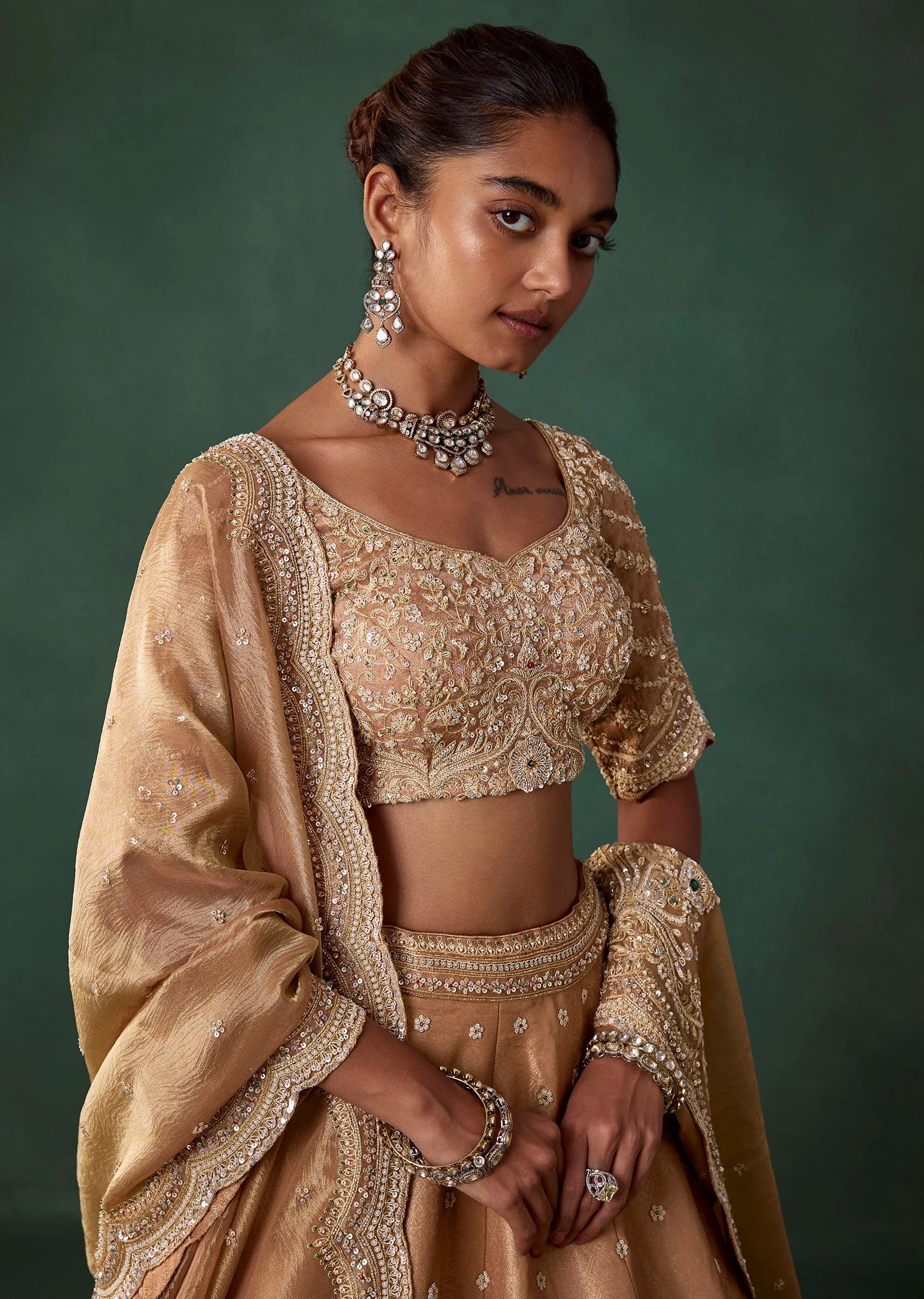 Peach Silk Heavy Embroidered Bridal Lehenga Set - Image 3