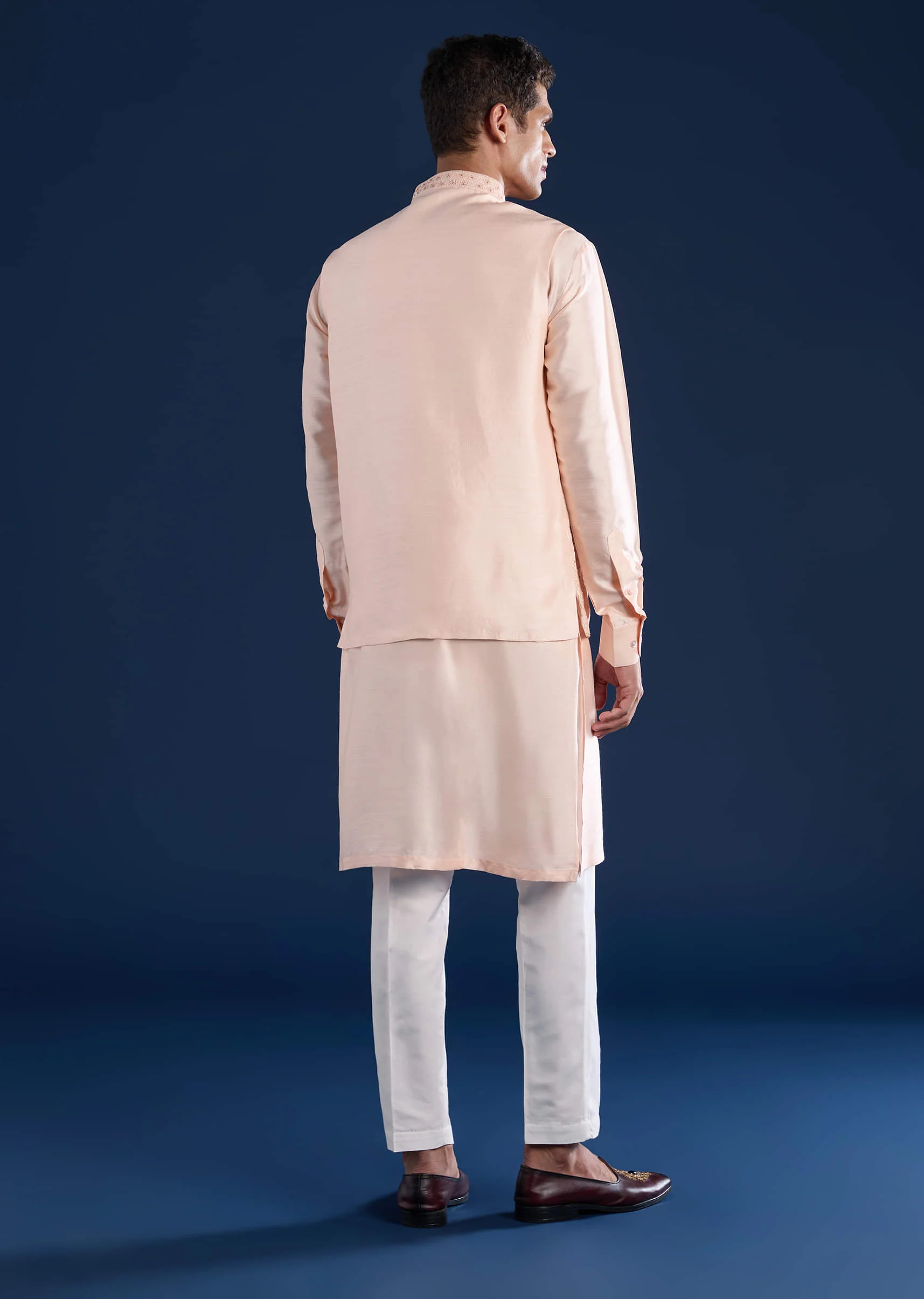 Peach Silk Jacket Kurta Set with Dori Work - Image 5