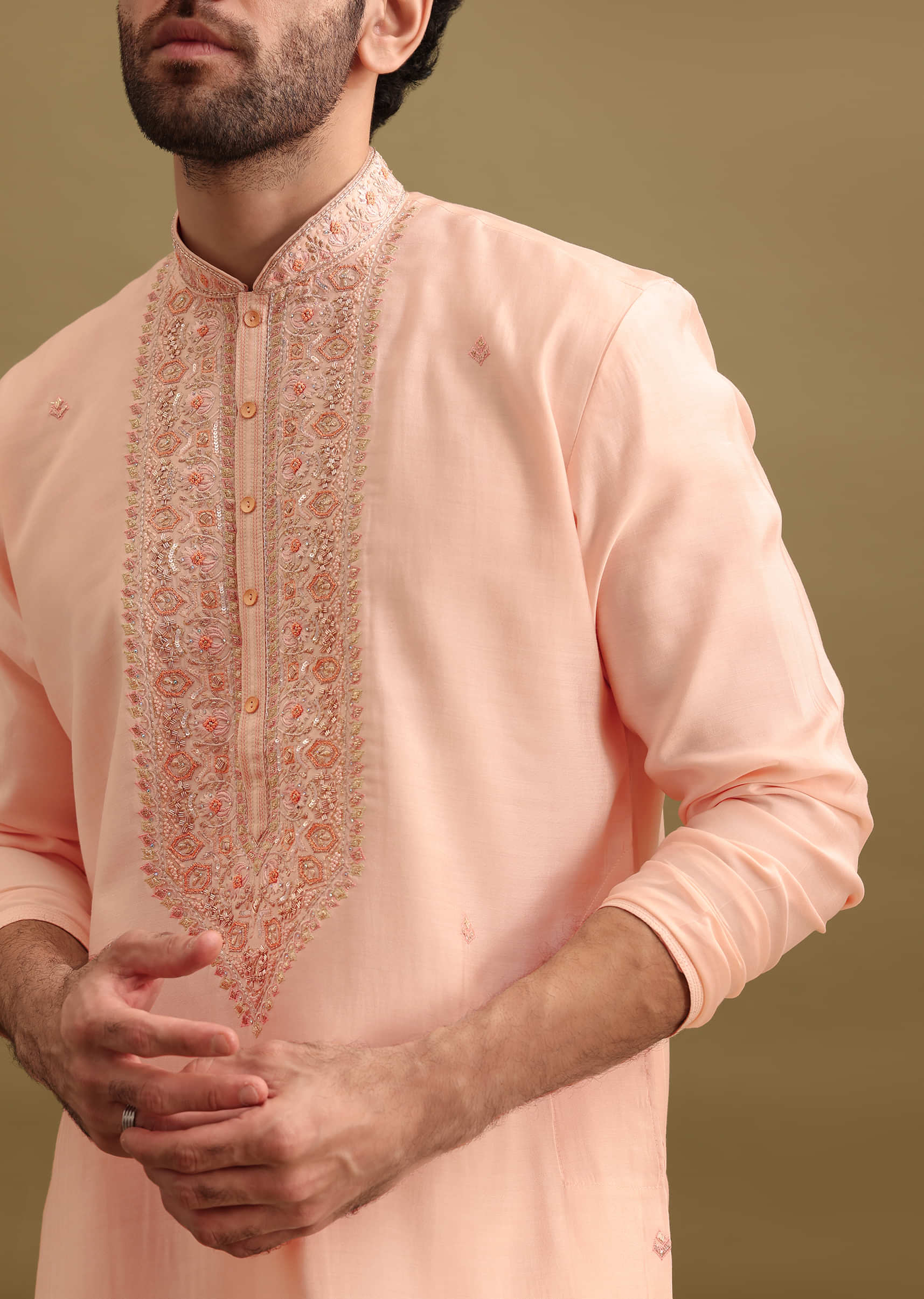 Peach Silk Kurta Set With Zari Work For Men - Image 2
