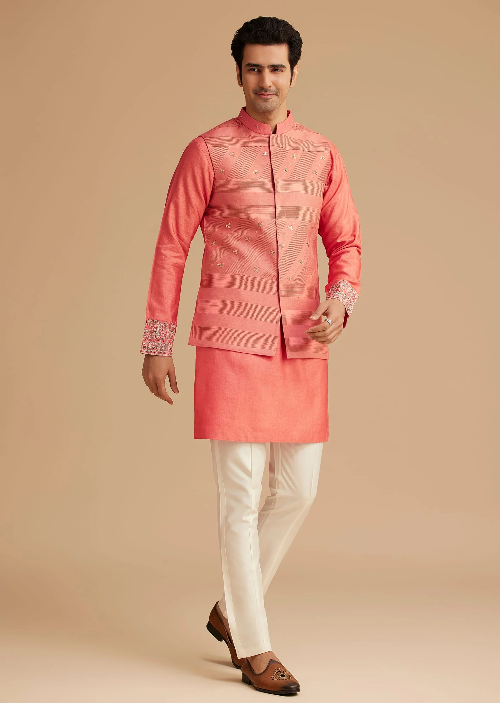 Peach Silk Kurta With Embroidered Jacket