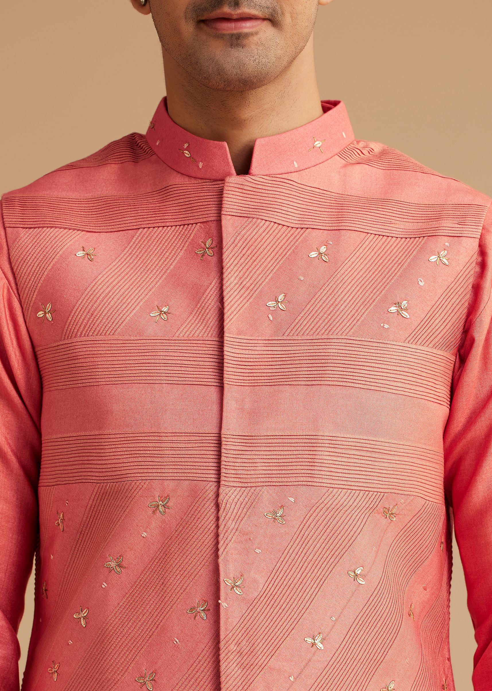 Peach Silk Kurta With Embroidered Jacket - Image 2