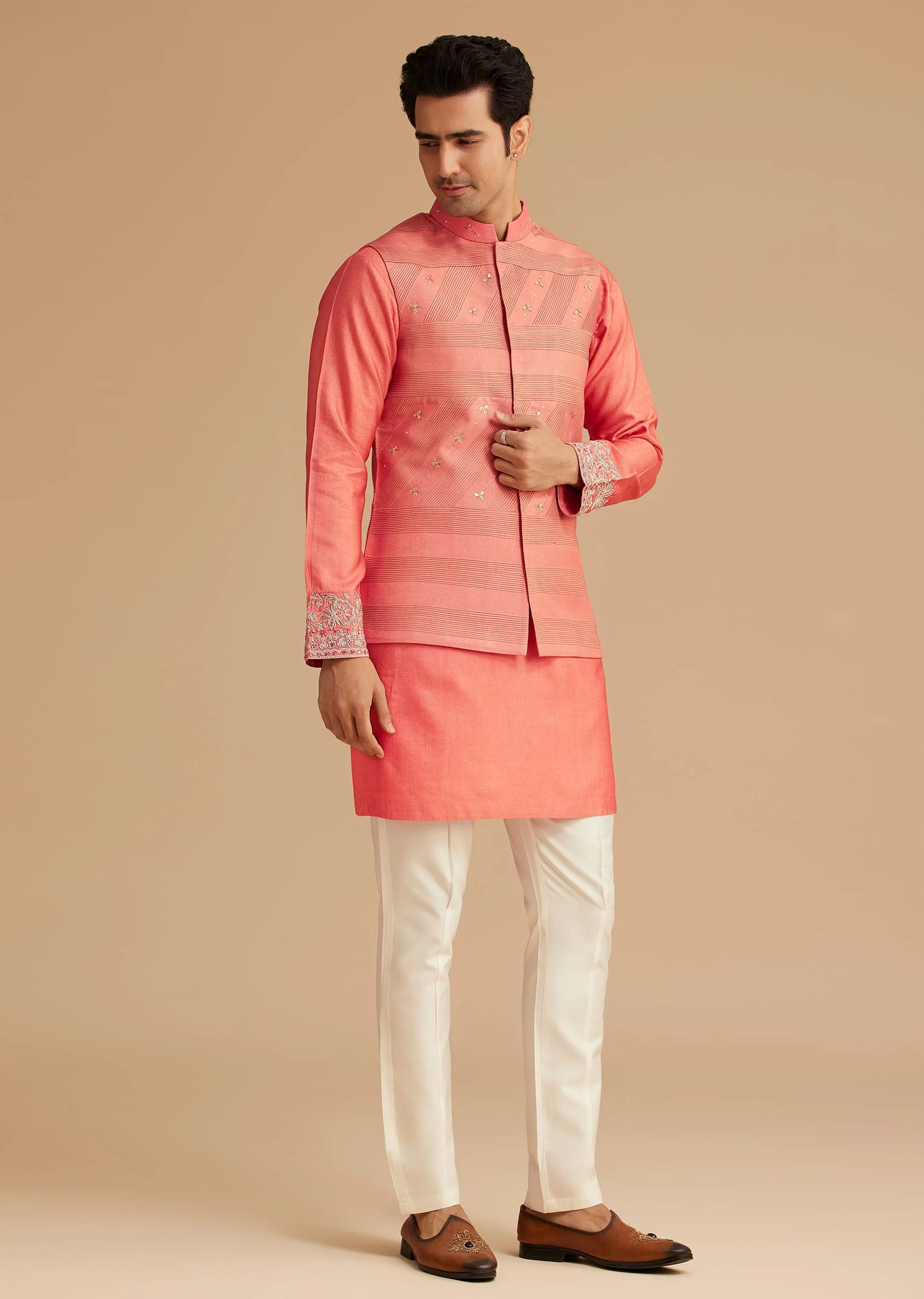 Peach Silk Kurta With Embroidered Jacket - Image 3