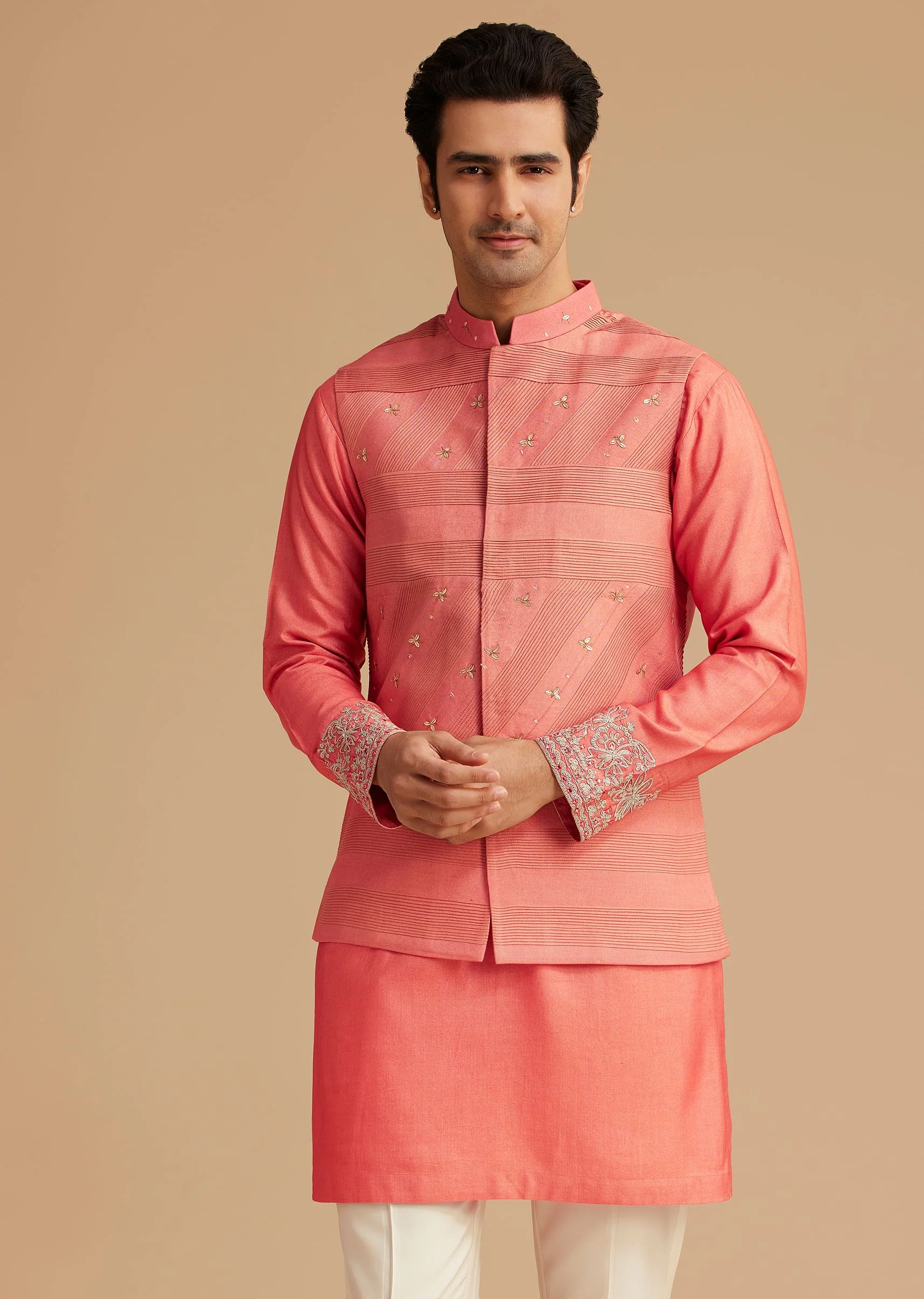 Peach Silk Kurta With Embroidered Jacket - Image 4