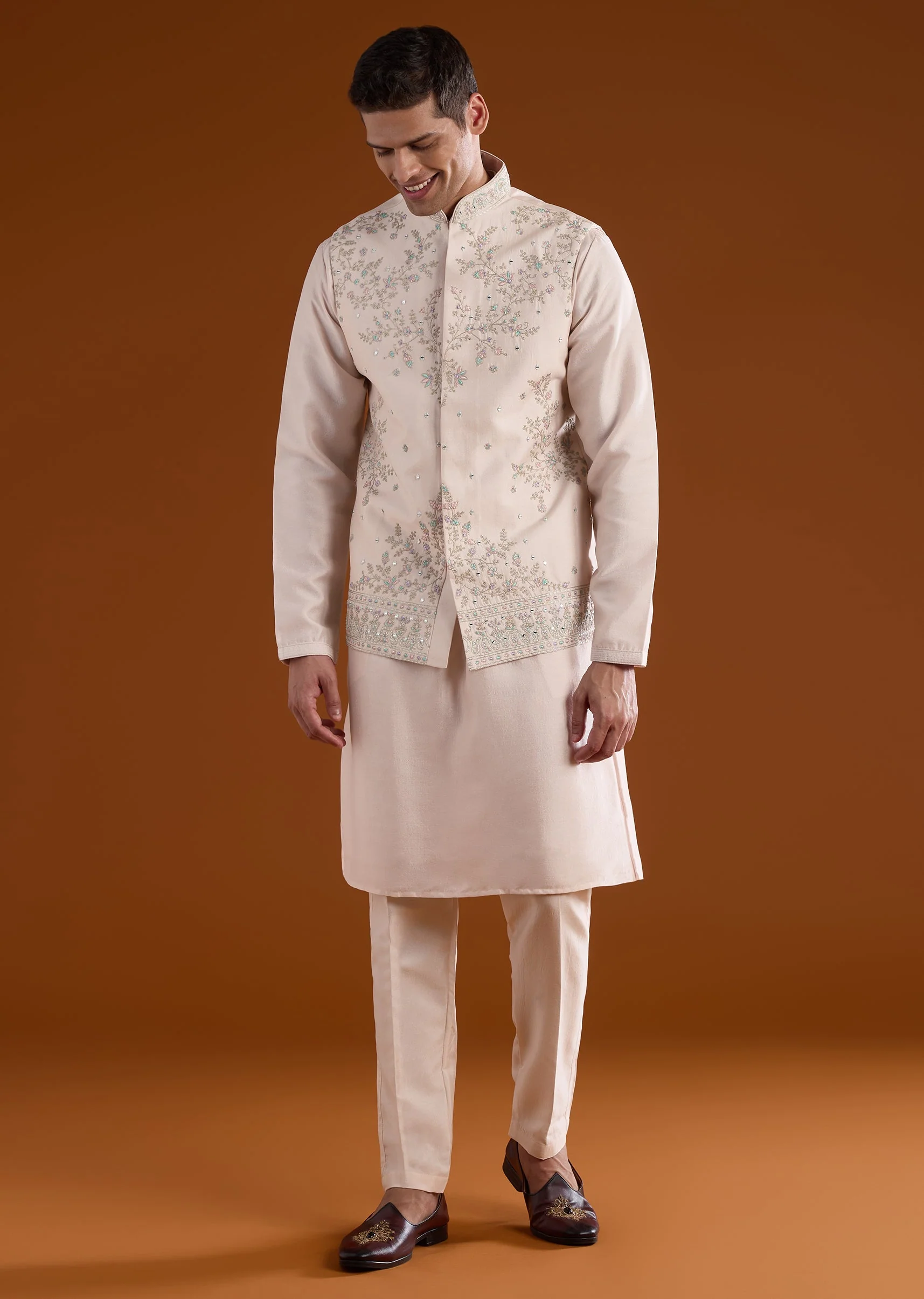 Peach Silk Mens Kurta Jacket Set With Thread Mirror And Motif Work - Image 3
